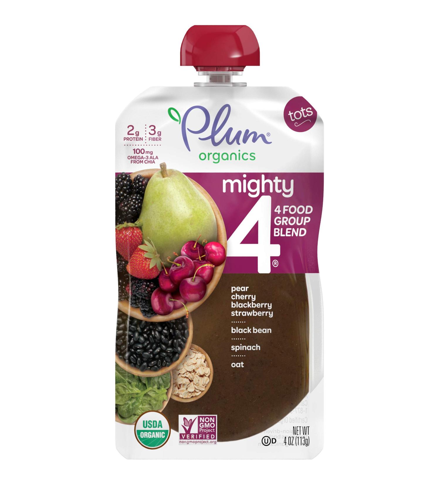 Plum Organics Mighty 4 Baby Food Pouches - 12 Pack | Organic Pear, Cherry, Blackberry, Strawberry, Spinach & Oat - Buy Online on GoSupps.com