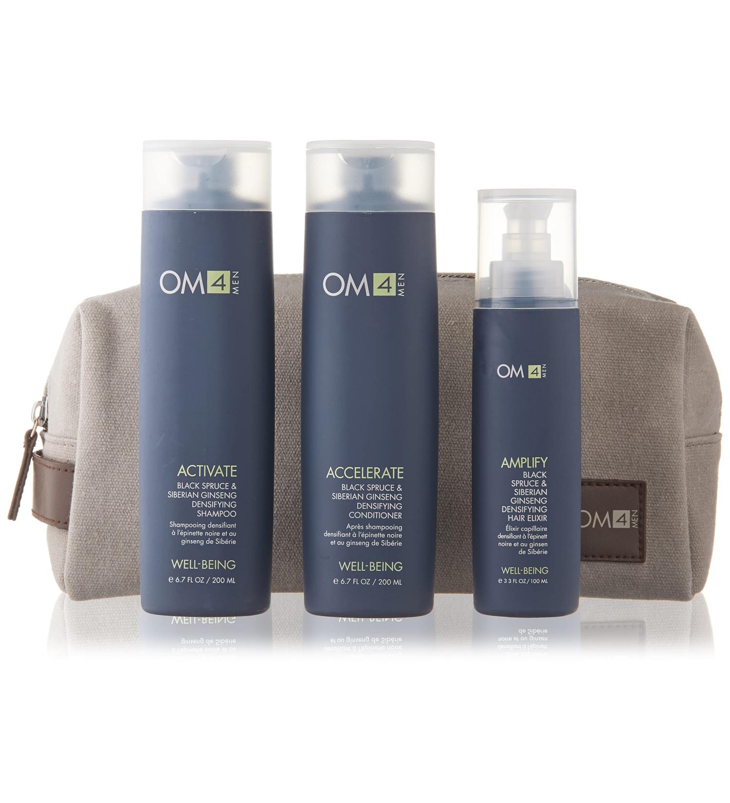 OM4 Hair Care Trio & Travel Bag - Men's Invigorating Shampoo Conditioner & Hair Elixir Set for Ultimate Scalp Conditioning - International Shipping Available - Buy Online on GoSupps.com