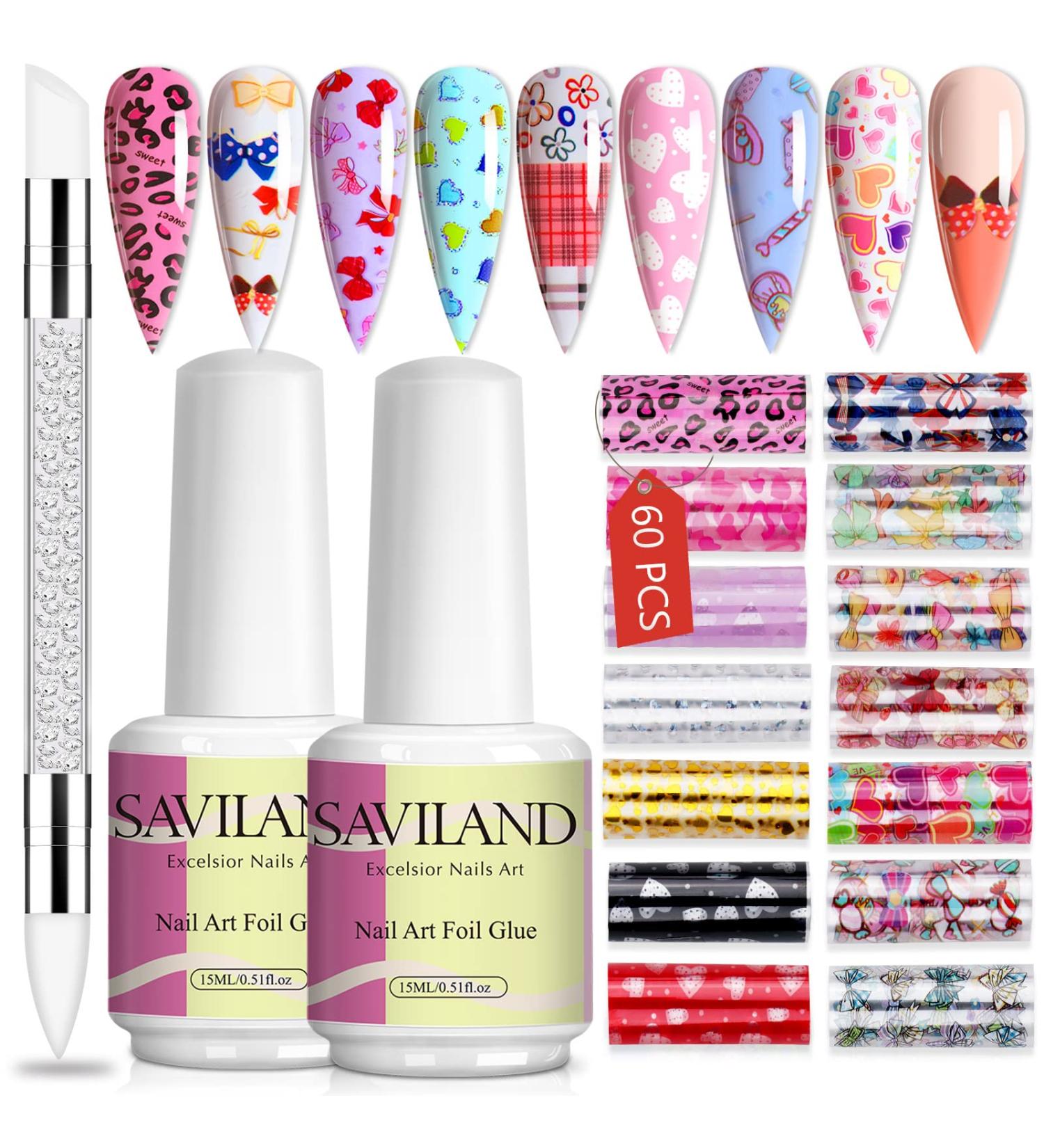 Saviland Nail Foil Glue Gel Kit - 2pcs 15ML Nail Foil Glue with 60pcs Cartoon Nail Transfer Stickers and Sculpture Pen for DIY Nail Art Decoration - Buy Online on GoSupps.com