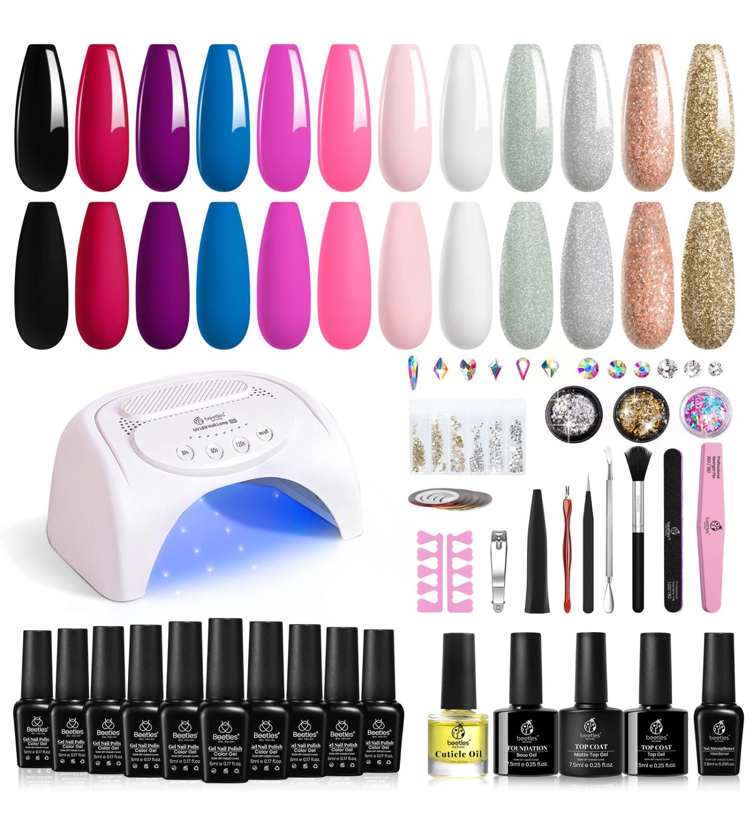 Beetles 12 Colors Gel Nail Polish Starter Kit with 48W LED Nail Lamp - UV Light, Base & Top Coat, Glitter Gel Polish - Manicure Decoration Set for Women - Buy Online on GoSupps.com