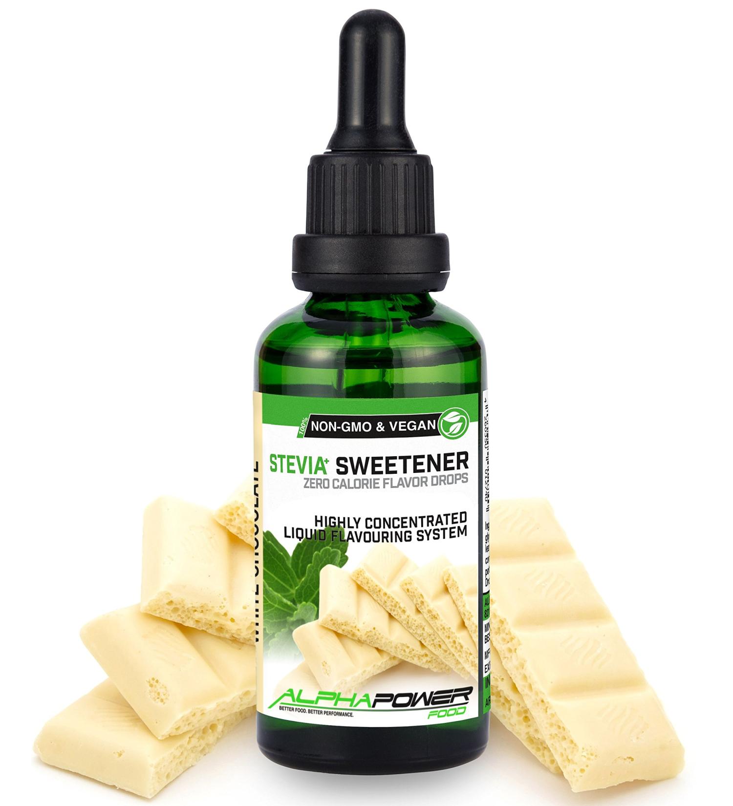 Alphapower Food Stevia Drops | Sugar-Free White Chocolate Flavor | 100% Natural Liquid Aroma & Sweetener | Ideal for Desserts Smoothies & Muesli | 50ml - Buy Online on GoSupps.com