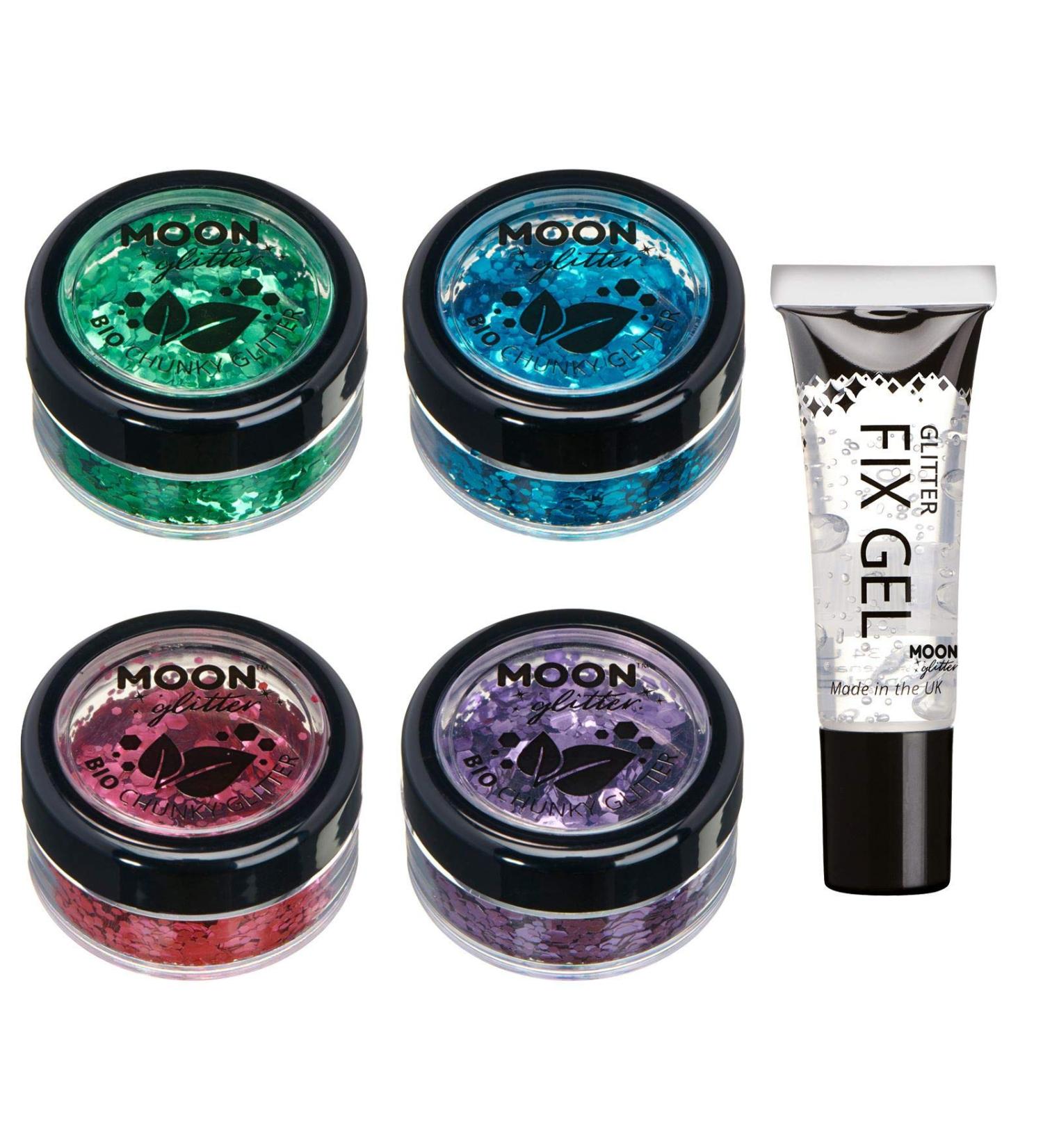 Biologically degradable eco-glitter from Moon Glitter-100% cosmetic organic glitter for face body nails hair and lips-4-Set of 3G-plus glitter fixation gel