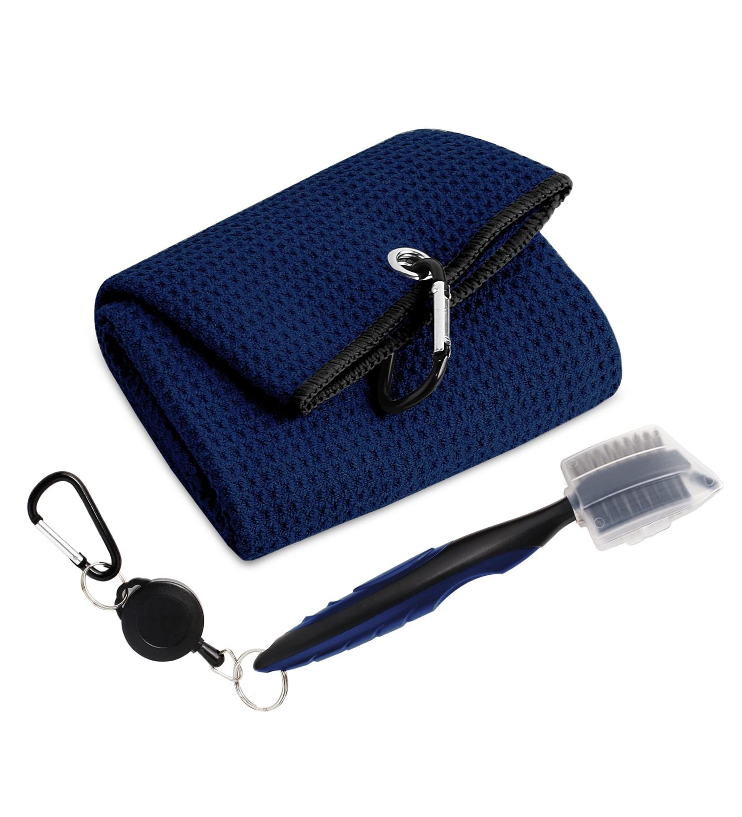 Men's Navy Blue Microfiber Golf Towel with Waffle Pattern Tri-fold Design & Cleaning Brush - Buy Online on GoSupps.com