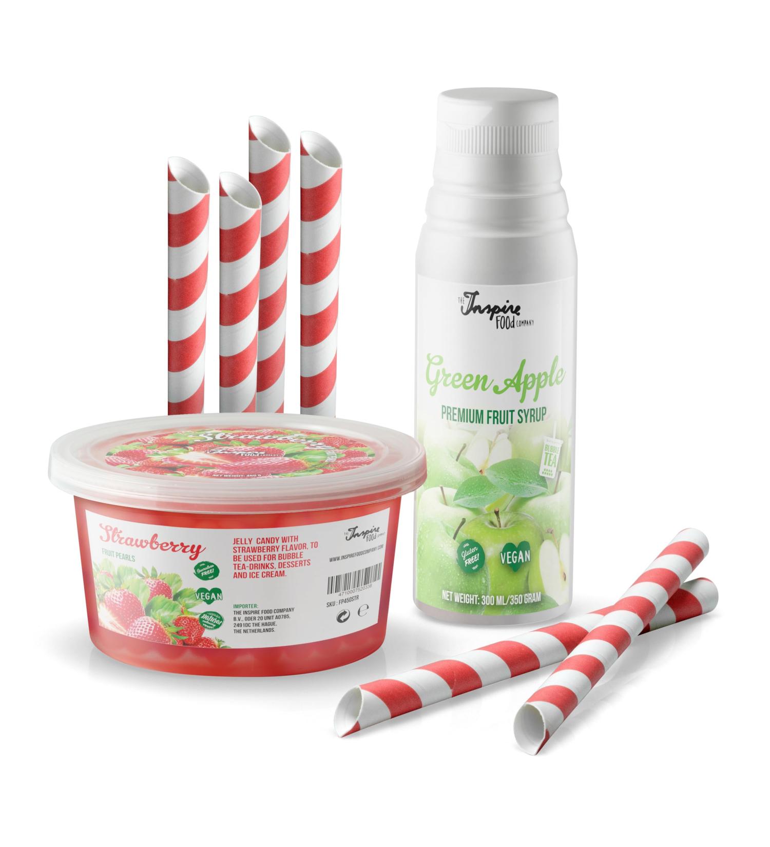 Inspire Food Pearls Set - 450g Strawberry Popping Boba 300ml Green Apple Syrup 6 Straws | 100% Vegan & Gluten-Free - Buy Online on GoSupps.com