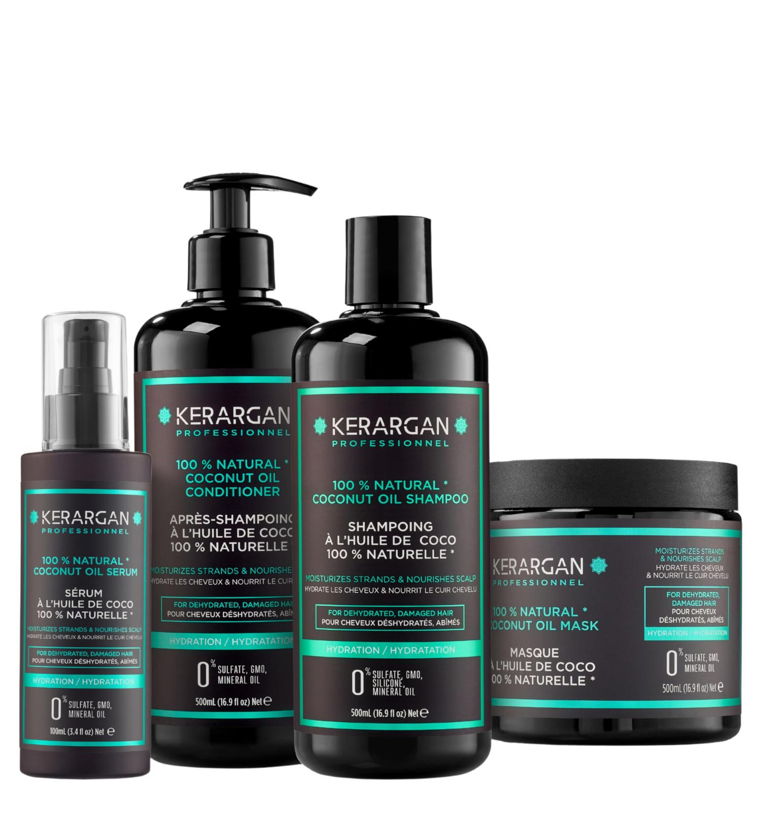 Kerargan - Ensemble Hydratant Shampoing Apr s-Shampoing Masque & S rum l Huile de Coco - Soin Complet pour Cheveux D shydrat s Ab m s - Sans Sulfate OGM Silicone - 3x500 ml + 100ml Coco 400 ml (Lot de 4) - Buy Online on GoSupps.com