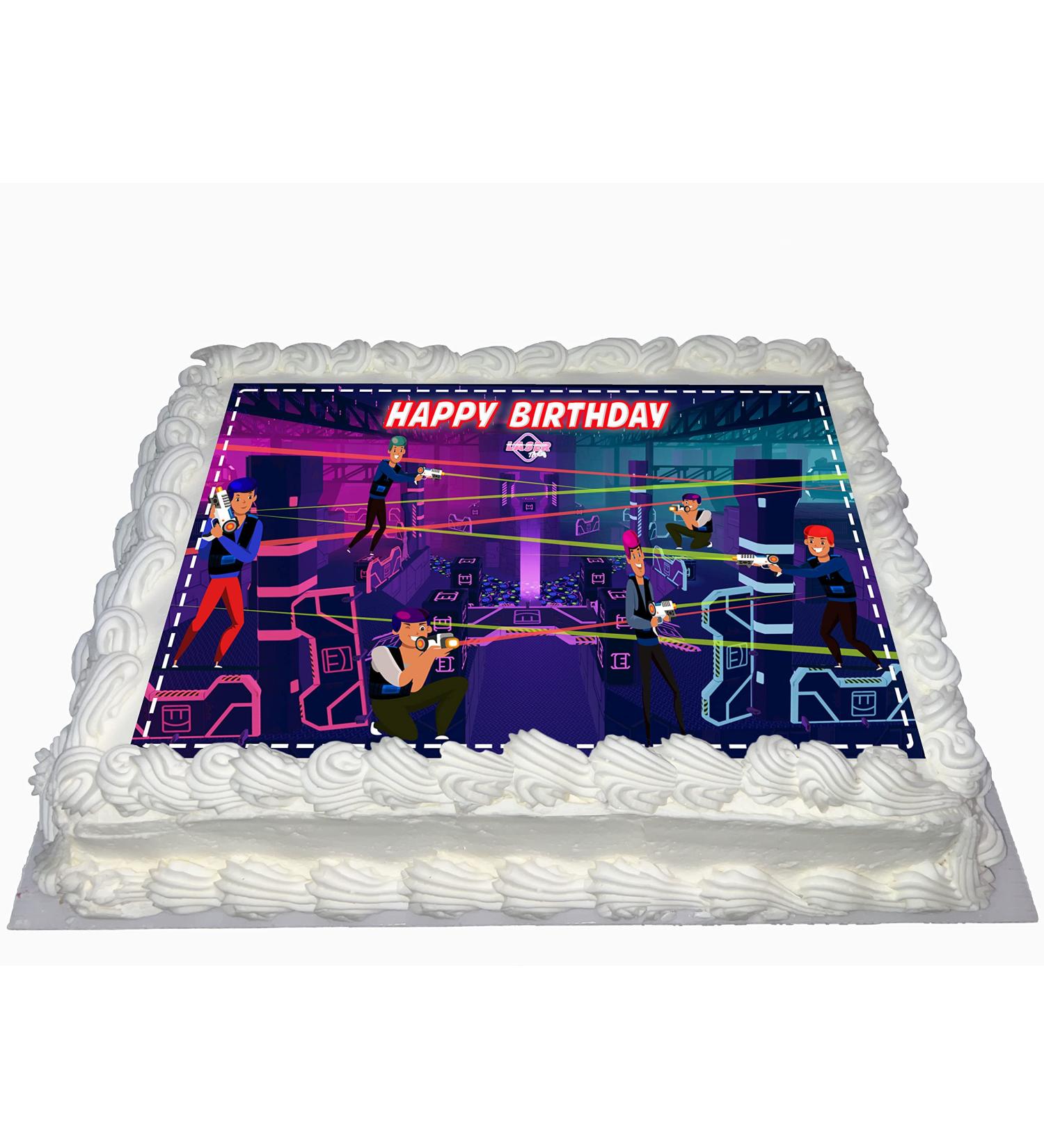 LASER TAG HAPPY BIRTHDAY PARTY RED EDIBLE ICING LARGE COSTCO CAKE TOPPER R1-328
