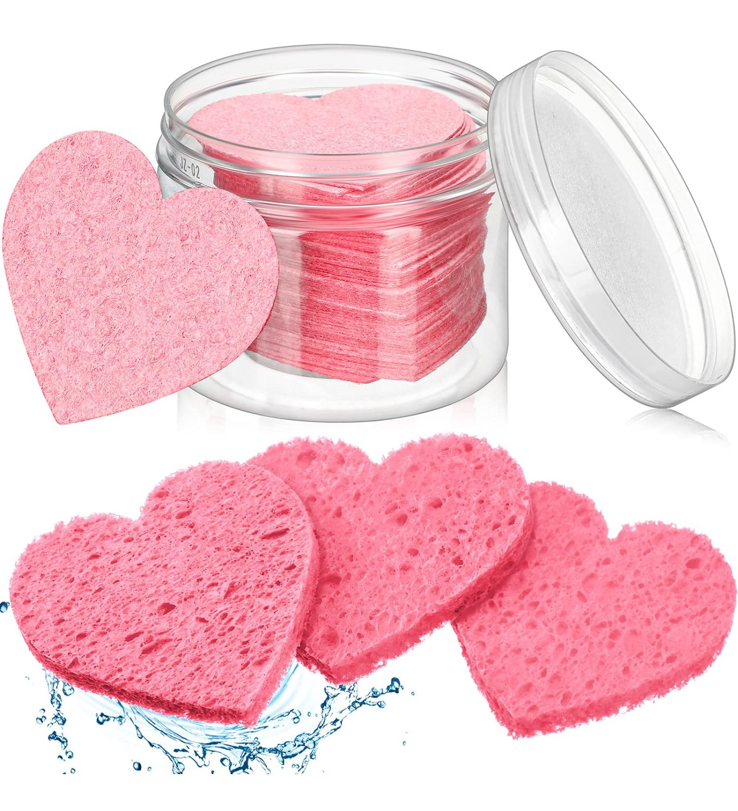 60-Piece Heart Shaped Facial Sponges with Container - Natural Face Sponge Pads for Cleansing and Makeup Removal - Pink - Buy Online on GoSupps.com