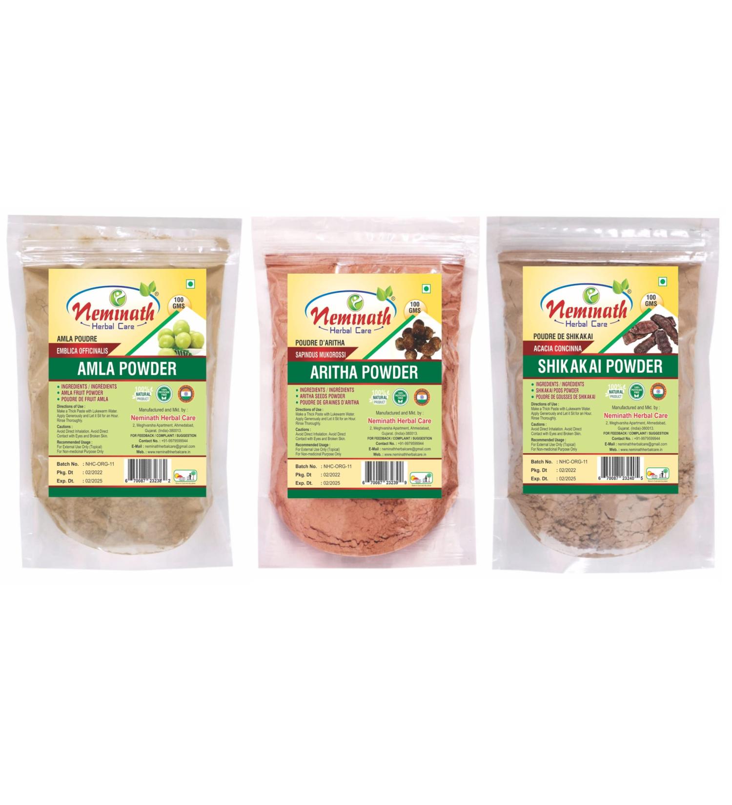 Natural Hair Care Powder (300 Grams) Each Pack 100 gm (3.52 OZ) - Complete Hair Care Combo Pack of 3(Amla Aritha Shikakai) (Only For External Use Only(