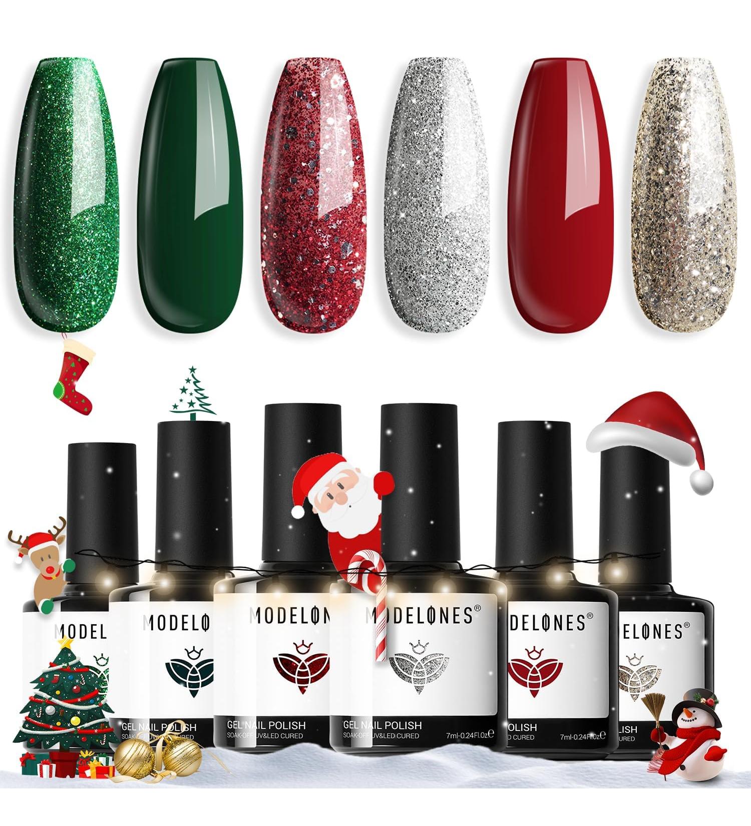 Modelones Gel Nail Polish 6 Colors Christmas Winter Sparkle Dark Green Red Glitter Silver Champagne Rose Gold New Year Shades Gel Polish Kit Fall Soak Off Nail Art Manicure Home Gifts for Women - Buy Online on GoSupps.com