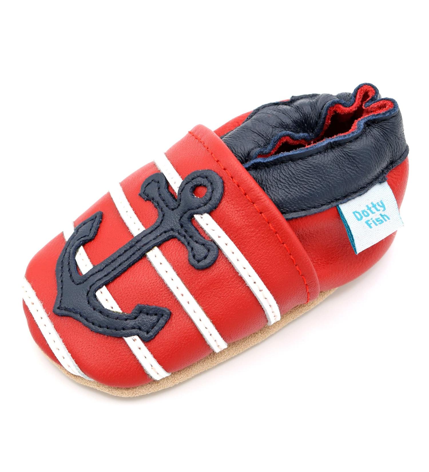 Dotty Fish Soft Leather Baby Shoes for Boys | Non-Slip Suede Soles | Red Anchors | Ages 0-6 Months to 4-5 Years - Buy Online on GoSupps.com