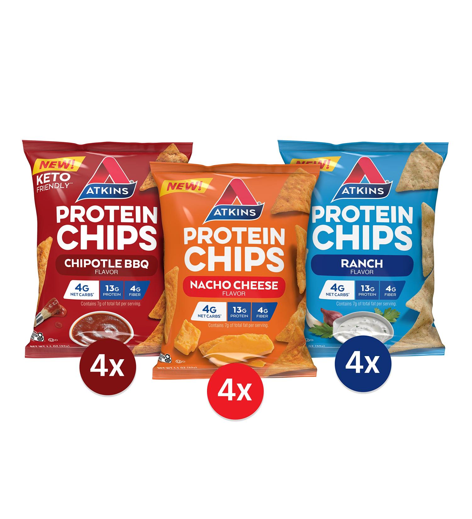 Atkins Protein Chips Variety Pack - Chipotle BBQ, Nacho Cheese, Ranch Flavors - 12 Count - Buy Online on GoSupps.com
