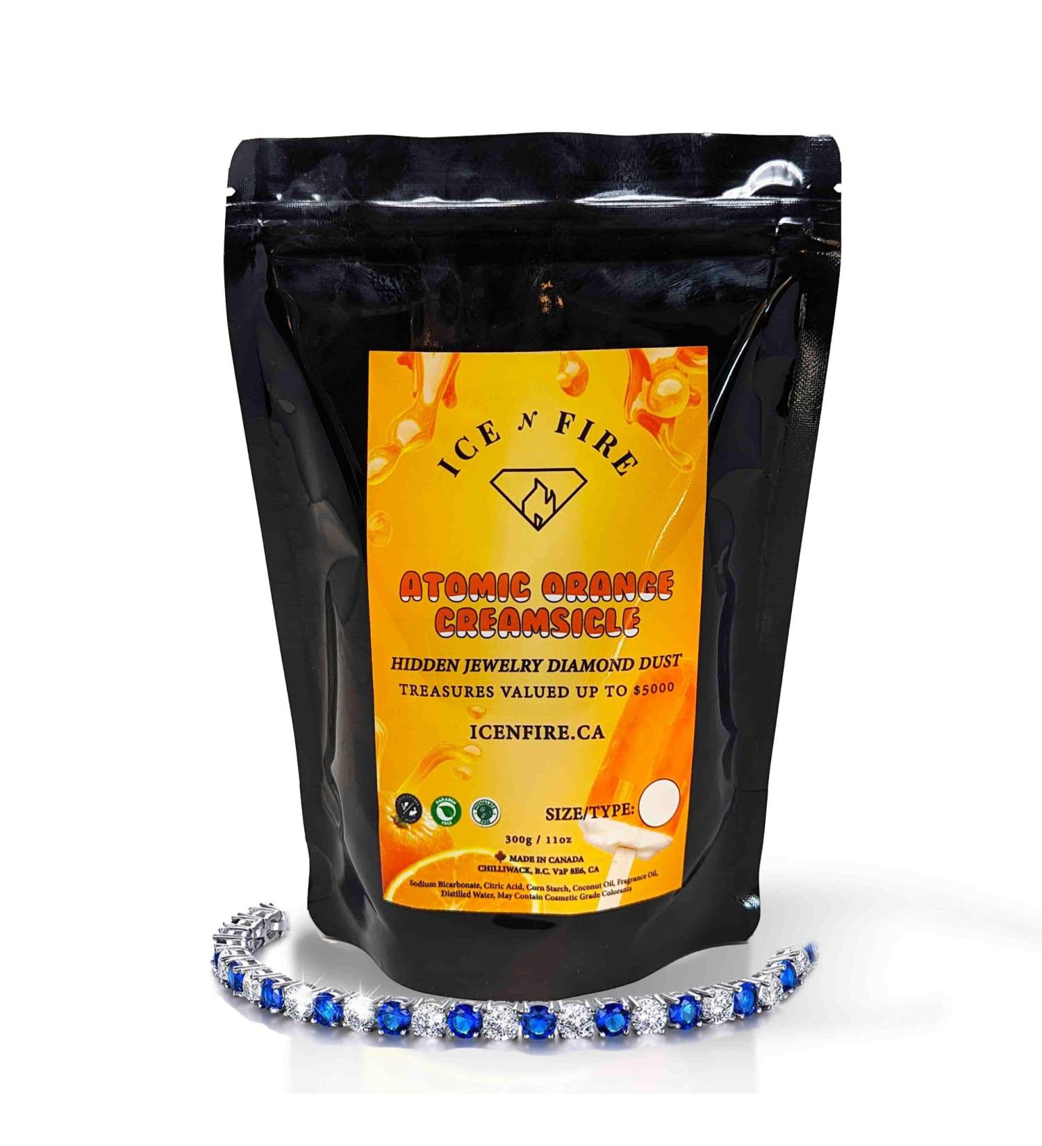 Ice N Fire - Surprise Diamond Dust Bath Bomb Powder with Mystery Jewelry Inside (Hidden Jewelry Bath Bomb Powder with Jewelry Valued up to $5 000) - Atomic Orange Creamsicle