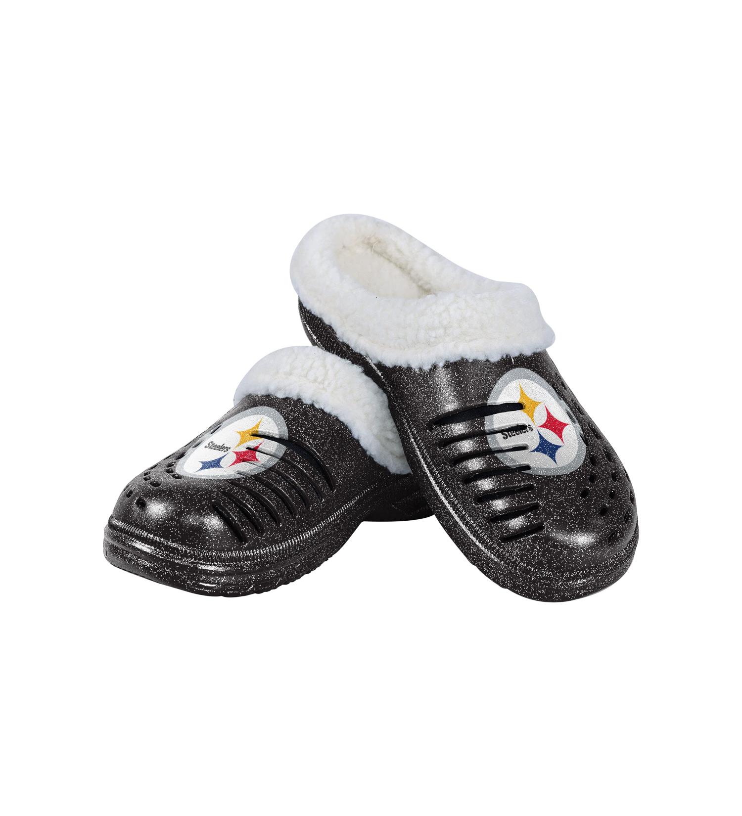 Pittsburgh Steelers Women's NFL Team Logo Sherpa Lined Glitter Slipper Clogs | Size 9-10 - Buy Online on GoSupps.com