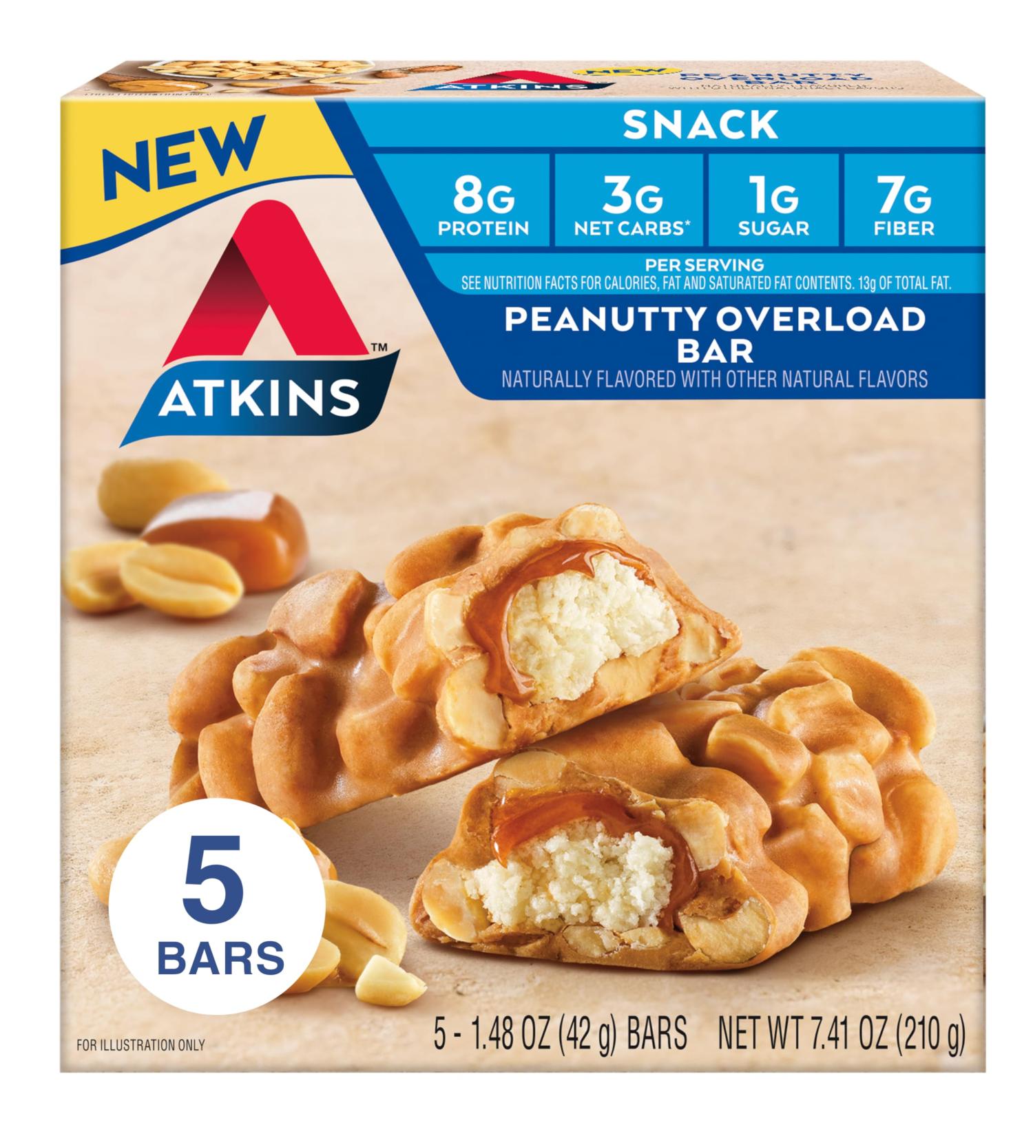Atkins Peanutty Overload Snack Bar, Protein Snack, High in Fiber, 2g Sugar, 5 Count Peanut 1 Count (Pack of 1) - Buy Online on GoSupps.com