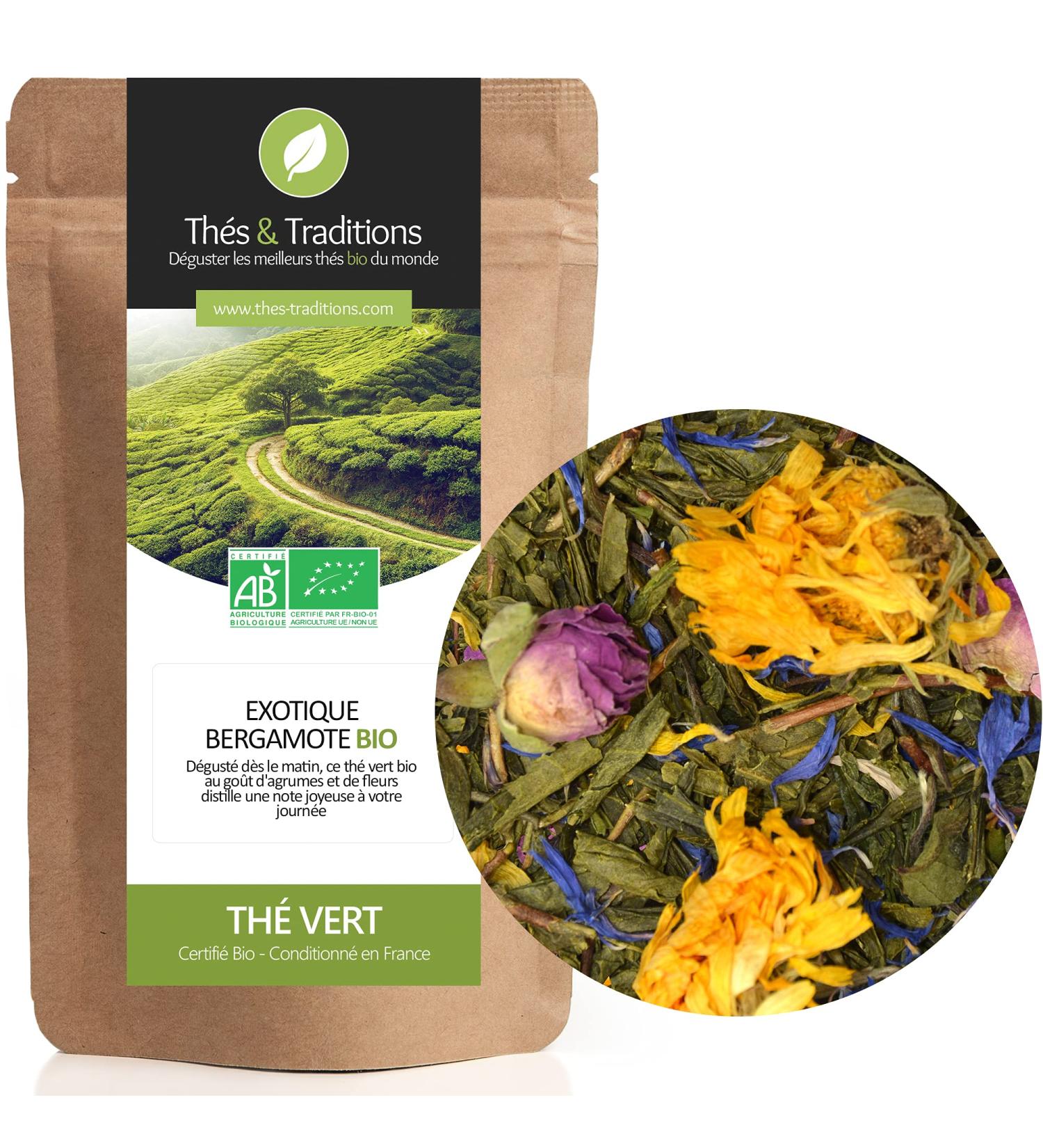  Th s & Traditions Organic Green Tea with Exotic Bergamot | 100g Loose Leaf Bag | Certified Organic Farming  - Buy Online on GoSupps.com