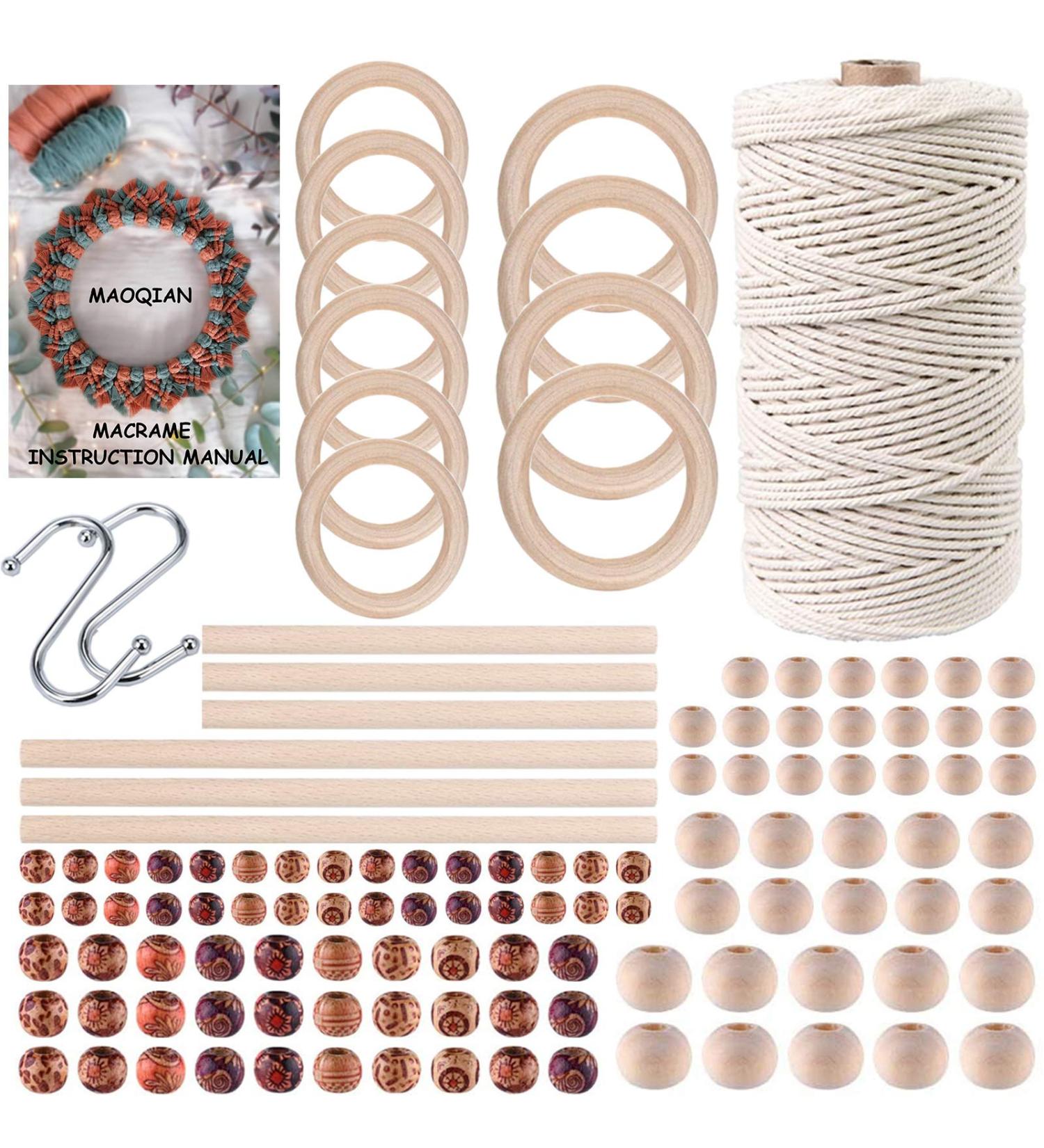 120pcs Macrame Kit for Beginners - 3mm x 109Yards Natural Cotton Cord with Beads, Rings & Sticks - Ideal for Plant Hanger - Complete Macrame Supplies Set - Buy Online on GoSupps.com