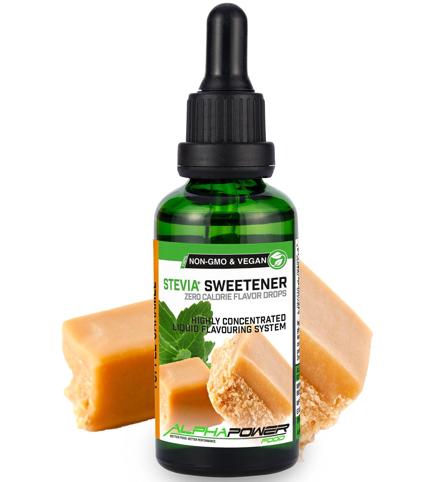 Alphapower Food Stevia Flavor Drops - Sugar-Free Toffee Caramel Aroma | 100% Natural Liquid Sweetener for Water Muesli & Desserts | 50ml - Buy Online on GoSupps.com