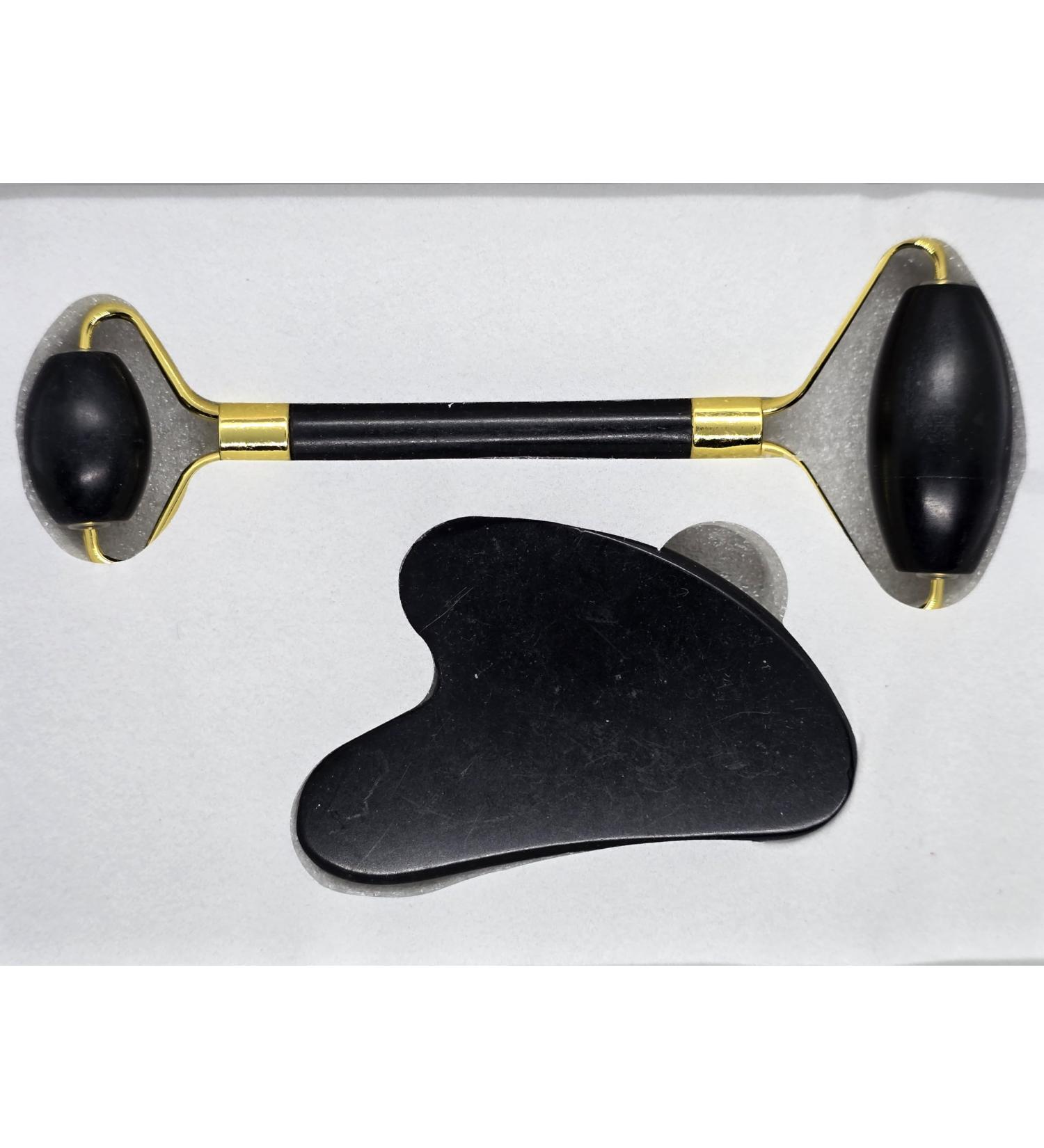 Jade Roller Gua Sha Set Natural Face Roller Skin Care Tools for Puffy Eyes Relief Anti Aging (Black bian Stone) - Buy Online on GoSupps.com
