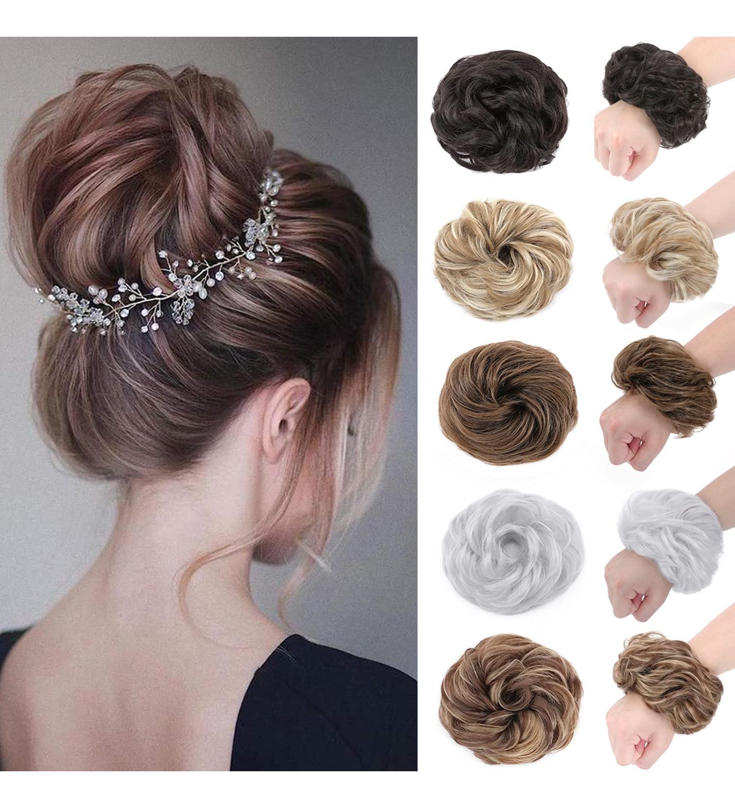 Silk-Co Hair Part with Rubber Band | Wavy Soft Dutt Hair Extensions - 45g Medium Brown & Dark Blonde Messy Bun Updos - Buy Online on GoSupps.com