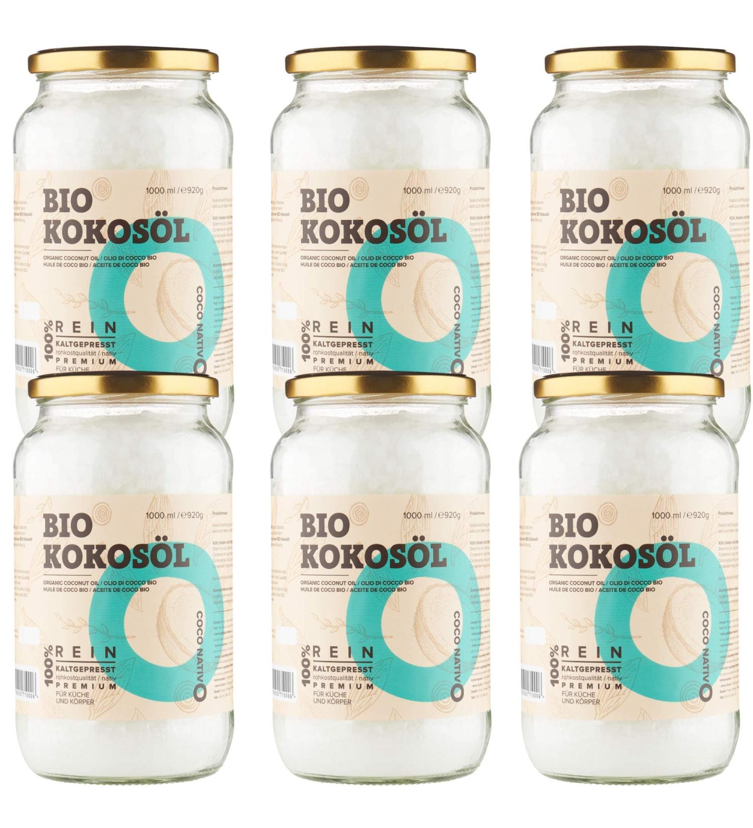Organic Coconut Oil Coconativo 6x1000ml - Premium Cold-Pressed Coconut Fat for Cooking Baking Hair & Skin | Raw Food Quality - Buy Online on GoSupps.com