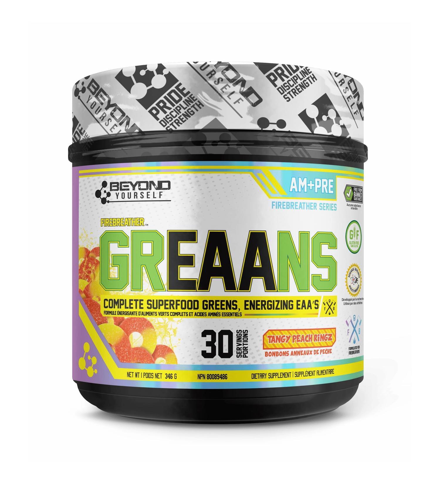 Beyond Yourself - GrEAAns Superfood Greens and EAA Blend | 4000mg Organic Superfood 2625mg Vegan EAAs | Sugar-Free Zero Calories No Synthetic Additives | Optimizes Health Performance and Recovery | Tangy Peach Ringz - Buy Online on GoSupps.com