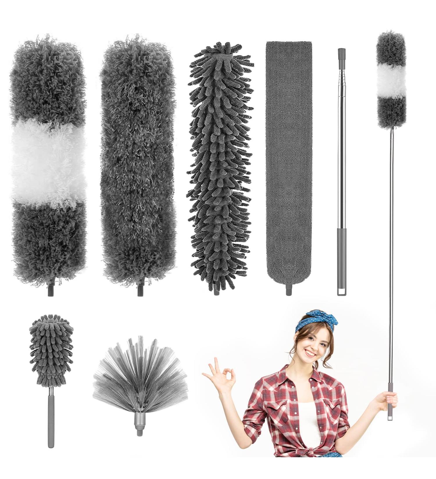 7PCS Microfiber Duster with Bendable Head and Extension Pole - Ideal for Cleaning Cobwebs, Ceiling Fans, Blinds, and Furniture - Reusable and Long Feather Duster - House Cleaning Kit - Buy Online on GoSupps.com