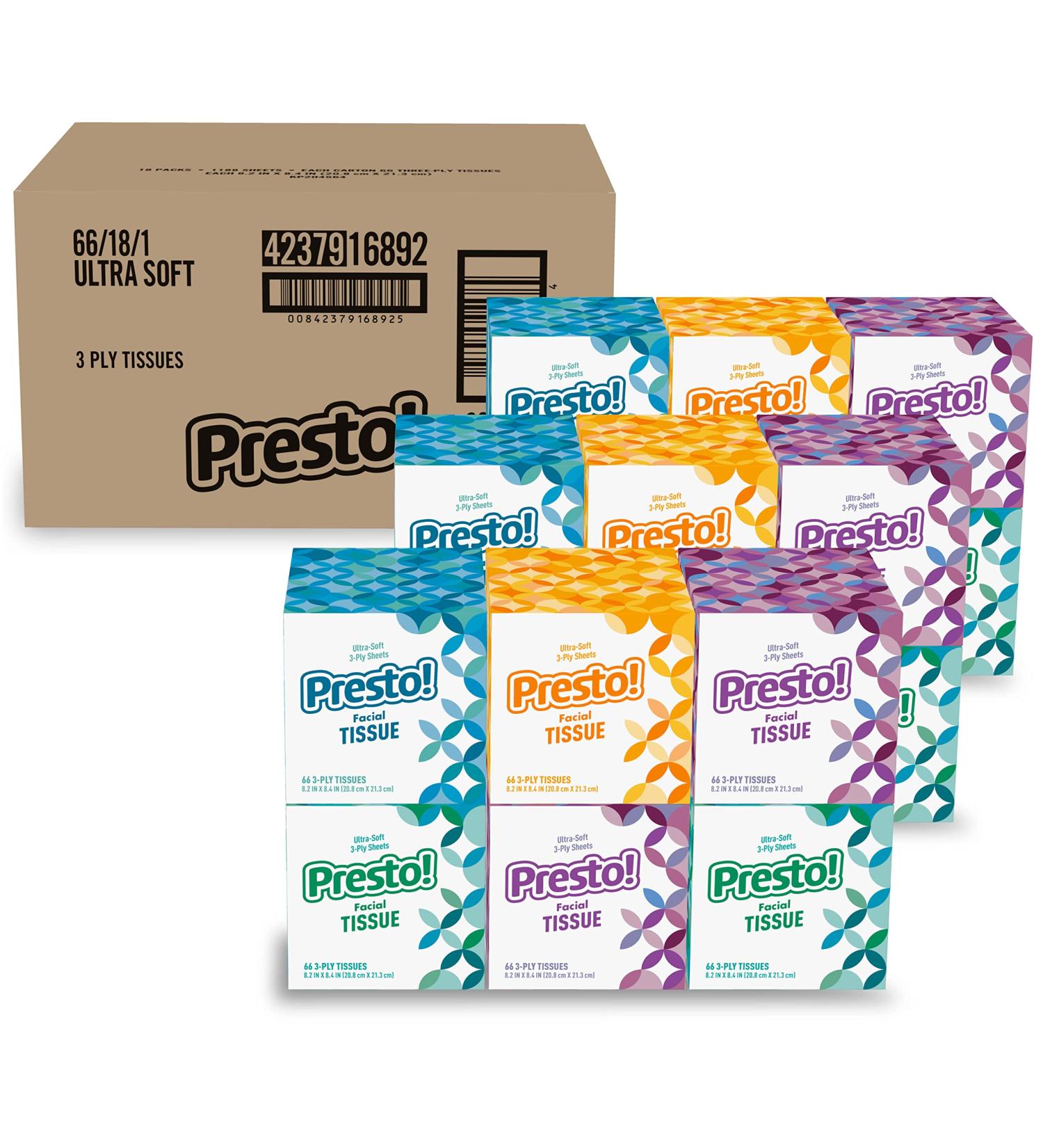 Presto! Ultra-Soft Facial Tissues - 3-Ply, 66 Count per Box (Pack of 18) - Amazon Brand - Buy Online on GoSupps.com