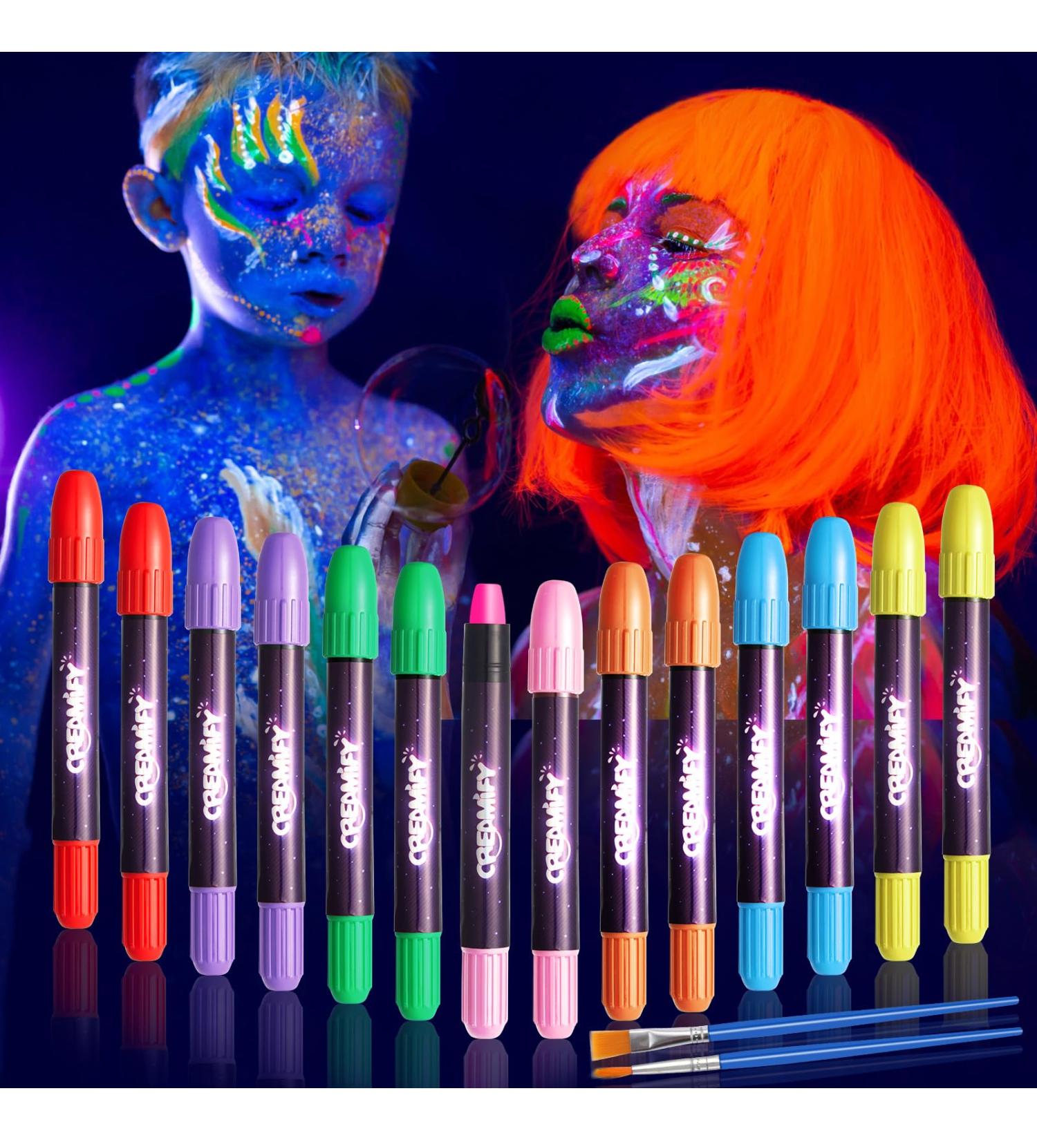 Creamify Bodypainting Colors Set - 14 Neon UV Makeup Pencils for Kids | Washable Face Paint & Glitter for Neon Parties & Festivals - Buy Online on GoSupps.com