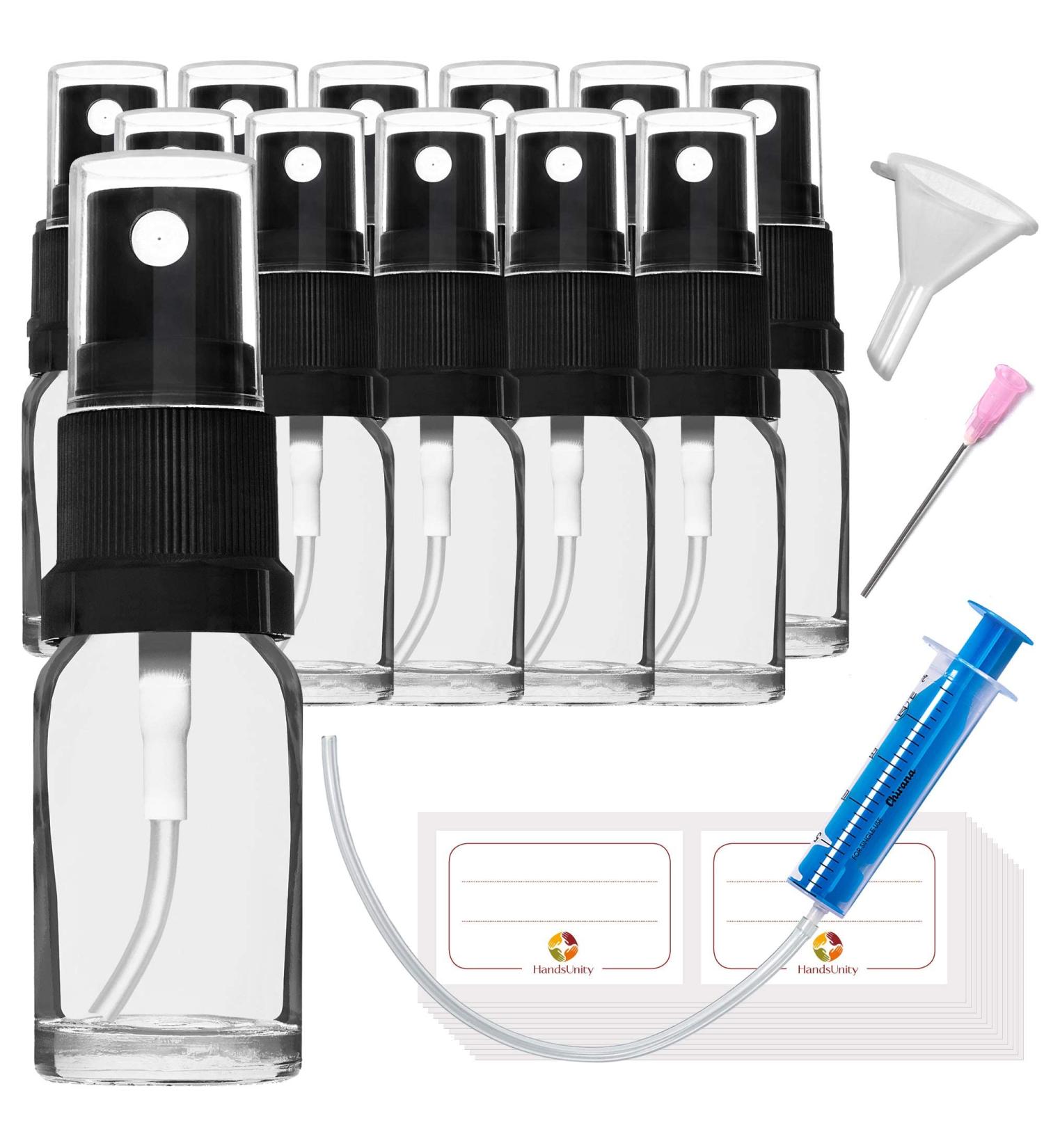 Handsunity 10ml Glass Spray Bottle Set - 12 Black Atomizer Bottles + 29 Accessories - Ideal for Pharmacy & DIY Use - Buy Online on GoSupps.com