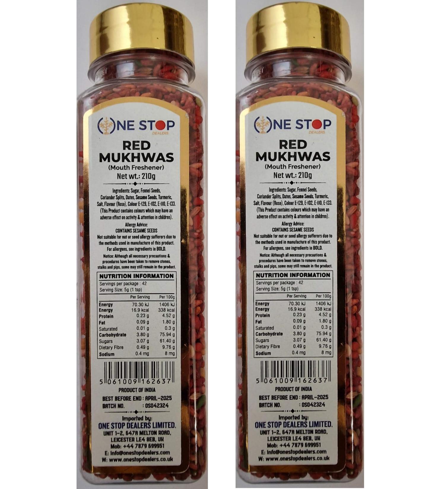 One Stop Dealers Mukhwas Red (210 Gram) Jar - Eat Anywhere or Anytime - Easy to Carry - More Popular in After Meal Digestive Treat Snack (Pack of 2)