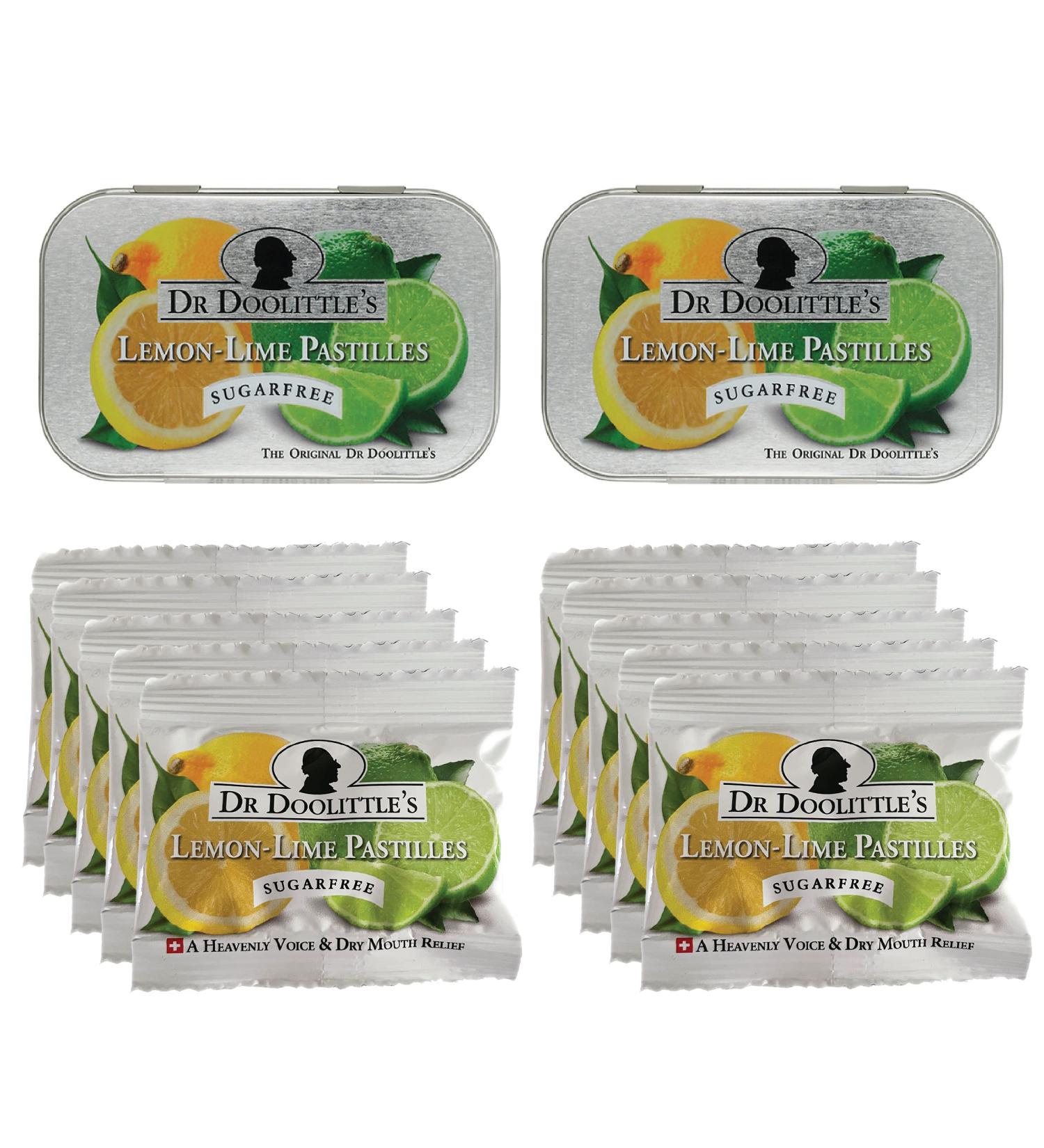 Dr Doolittle's Sugar Free Soft Fruit Pastilles for Voice and Throat Lemon Lime Flavor Multipack of 2.12 Ounce Tin 2 Pack and .33 Ounce Travel Size Bag 10 Pack - Buy Online on GoSupps.com