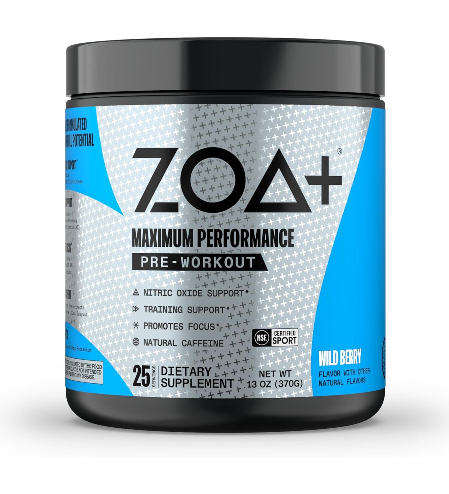 ZOA Pre Workout Powder Zero Sugar NSF Certified for Sport with Electrolytes 200mg - 25 Servings - Wild Berry - 13 Oz - Buy Online on GoSupps.com