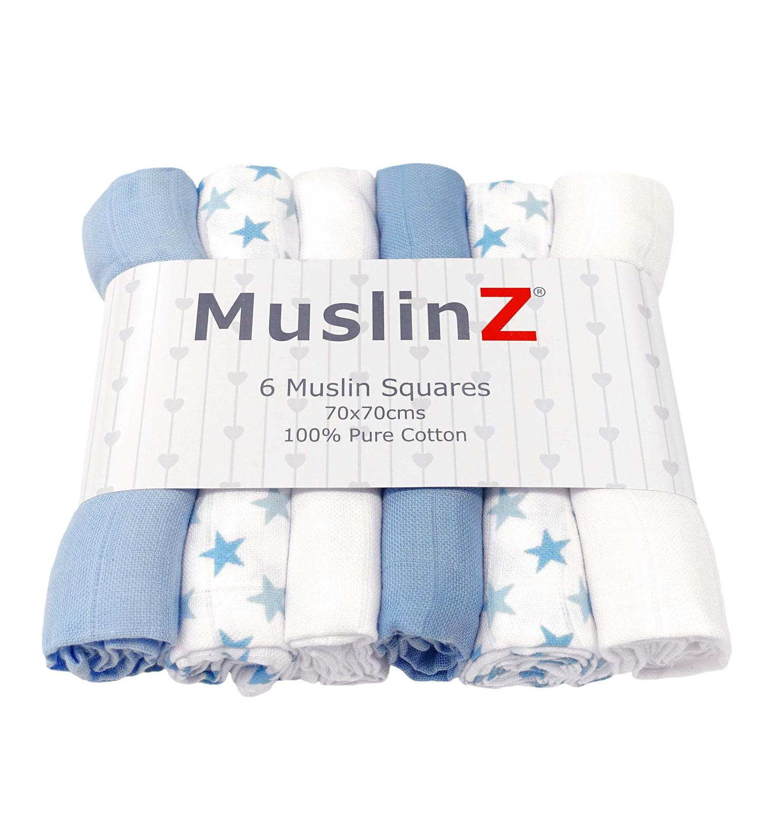 MuslinZ 6pk Baby Muslin Squares - Blue - Soft & Absorbent 100% Cotton - 70x70cm - Newborn Essential & Multi-Use - Buy Online on GoSupps.com