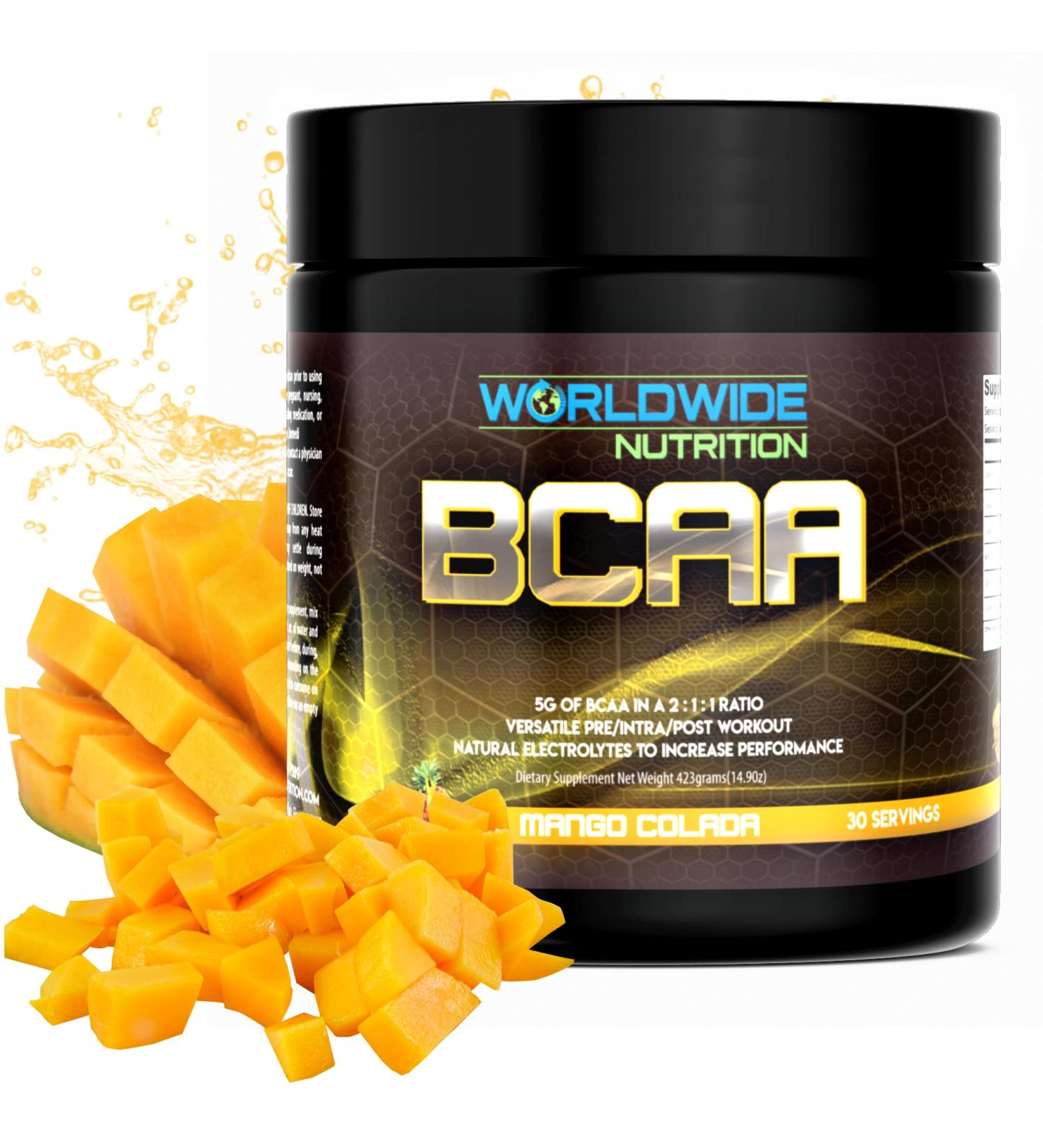 Worldwide Nutrition BCAA Powder - Best Branched Chain Amino Acids for Pre Intra & Post Workout - Natural Electrolytes & Energy - Mango Colada - 30 Servings - Buy Online on GoSupps.com