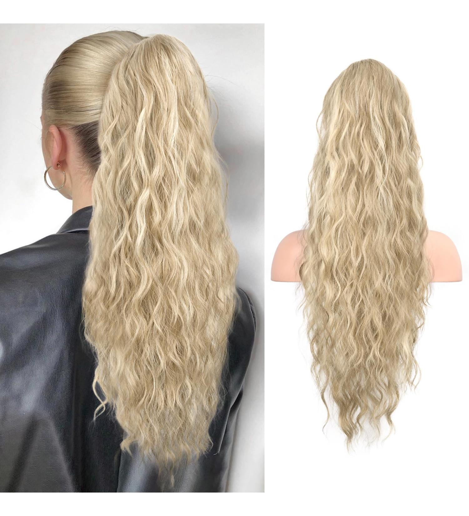 Reecho 66cm Beach Wavy Ponytail Extension - Medium Blonde with Highlights | Synthetic Pull Tape Hair Extension for Women - Buy Online on GoSupps.com