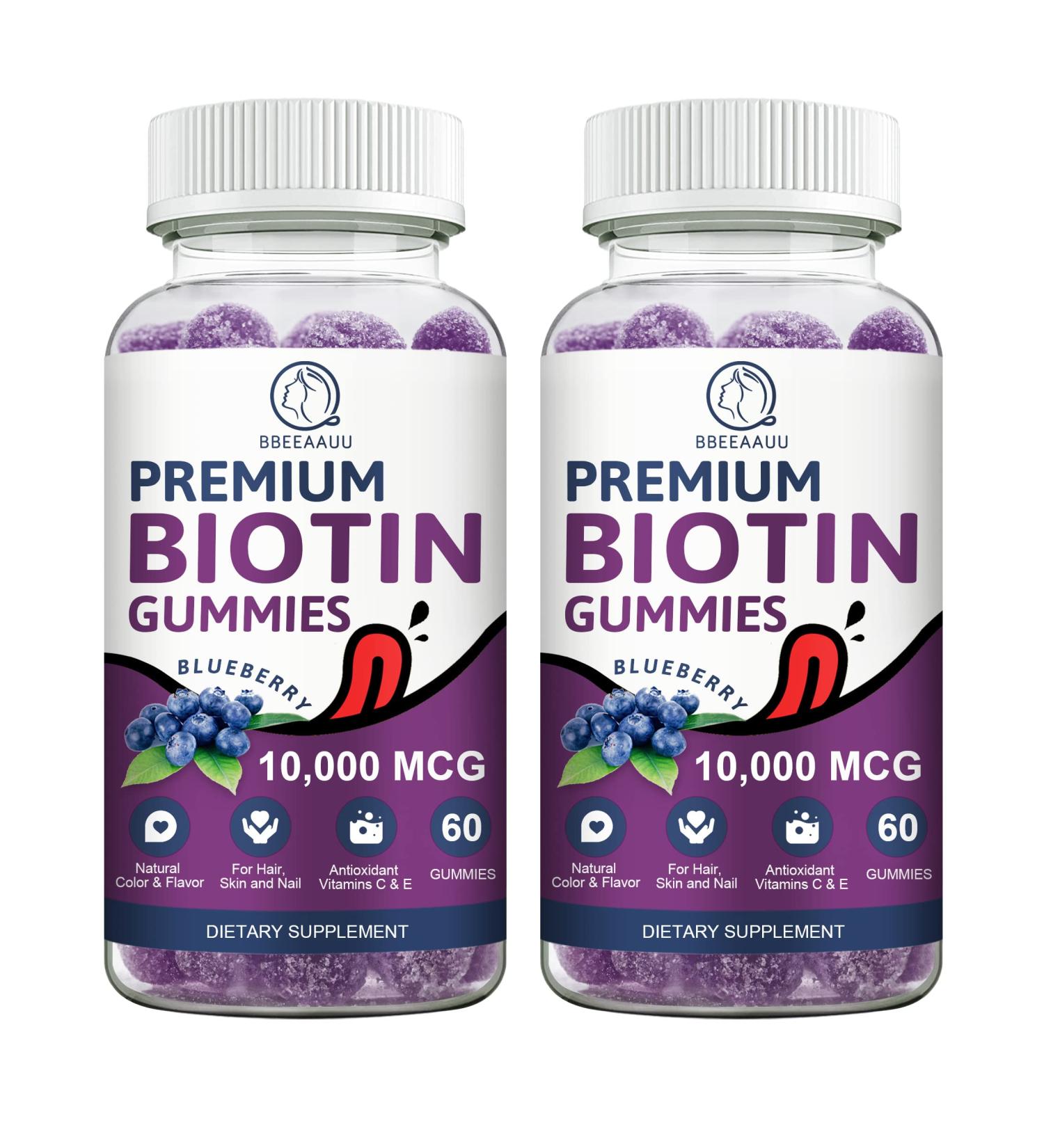 BBEEAAUU Biotin Gummy Vitamins for Hair, Skin, & Nails Growth - 120 Count x 2 Pack | 10000mg Vegan Pectin Gummies - Blueberry Flavor - Buy Online on GoSupps.com