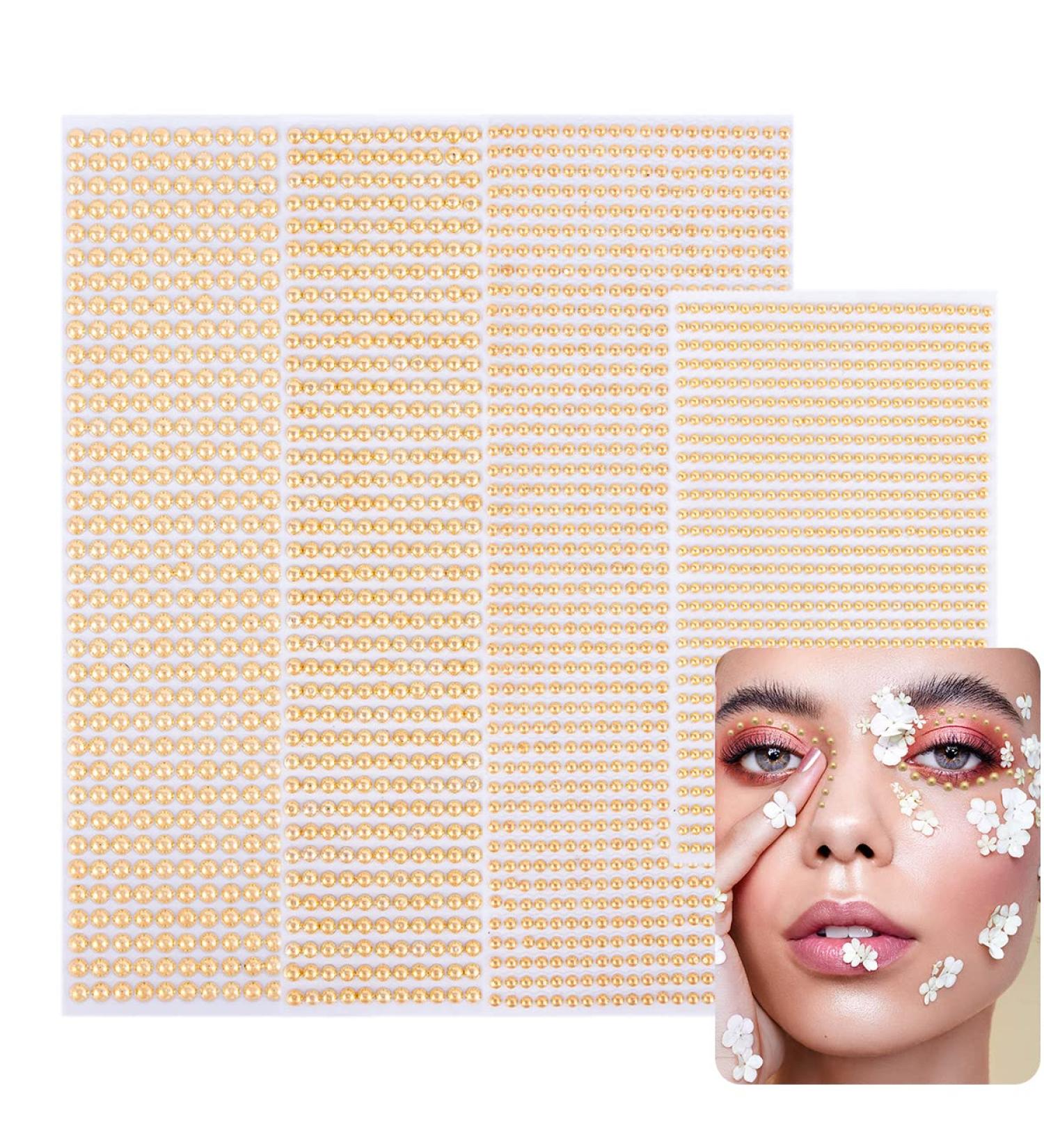 Face Pearl Gems Nail Rhinestone Stickers 2800 PCS - 4 Sheets - Gold | 3D Self Adhesive Temporary Tattoo Dots for Women - Festival Bling Crystal Jewels for Eyes, Hair, Body - Buy Online on GoSupps.com