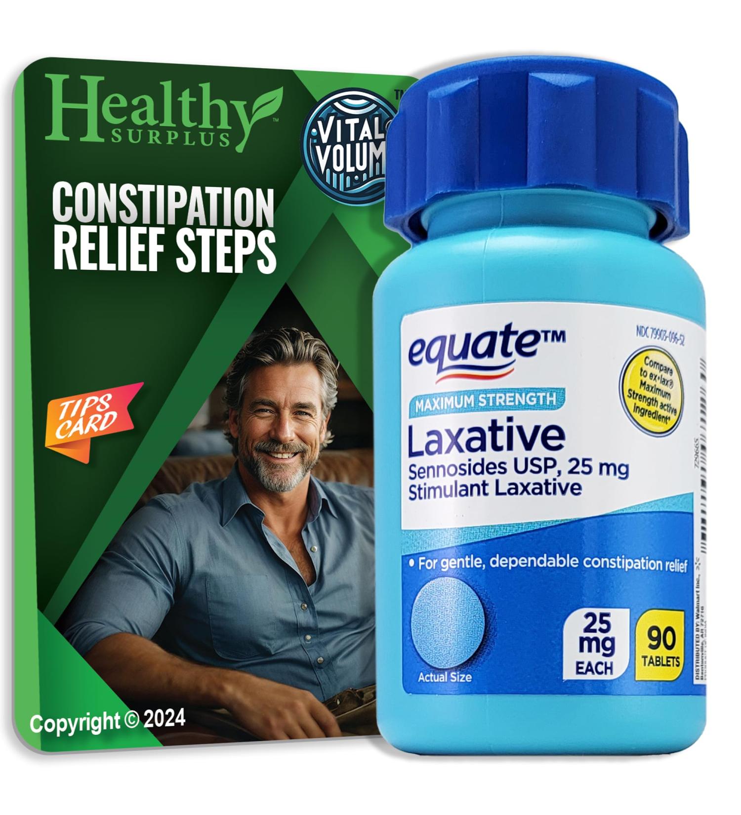 Equate Maximum Strength Stimulant Laxative 25 mg Sennosides - 90 Tablets & Vital Volumes Constipation Tips Card | International Shipping Available - Buy Online on GoSupps.com