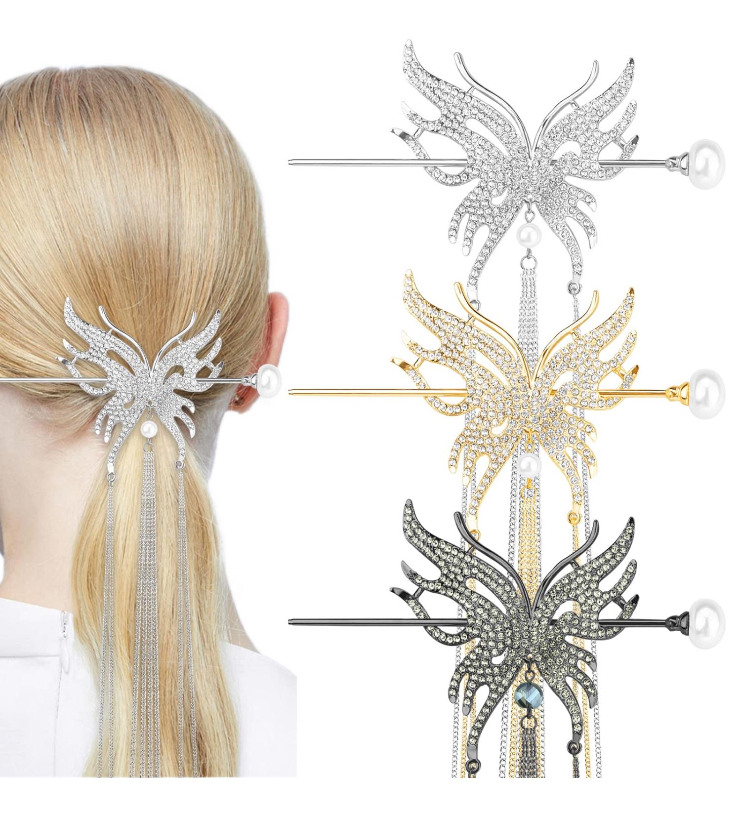 3 Pcs Butterfly Tassel Hair Sticks - Metal Rhinestone Pearl Chopsticks | Vintage Chinese Hair Accessories for Women - Buy Online on GoSupps.com