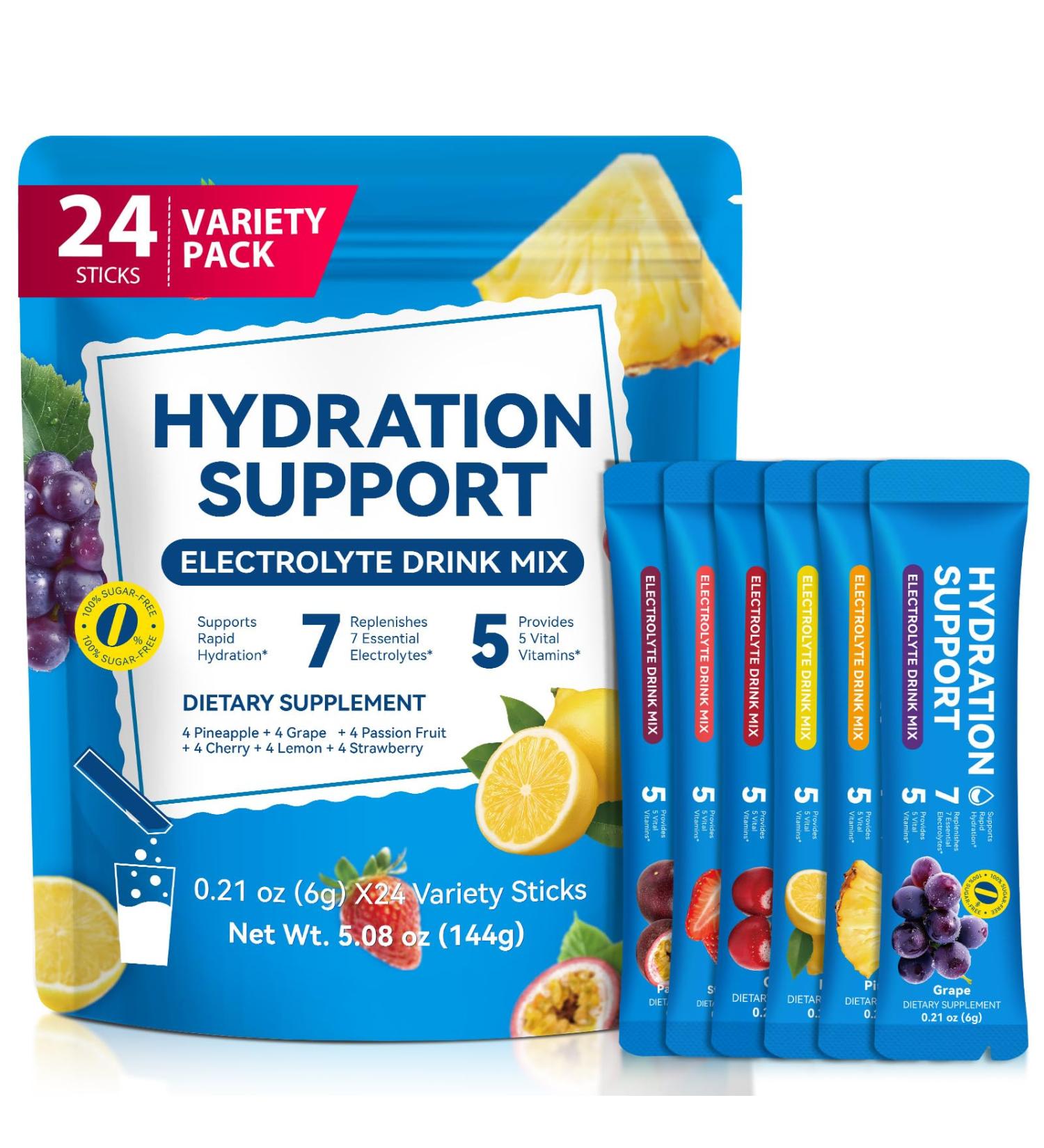Electrolyte Drink Mix 24 Stick Packs Sugar-Free Dehydration Relief Hydration Support with 7 Electrolytes & 5 Vitamins Keto & Gluten-Free Pineapple Grape Cherry Passion Fruit Flavors - Buy Online on GoSupps.com