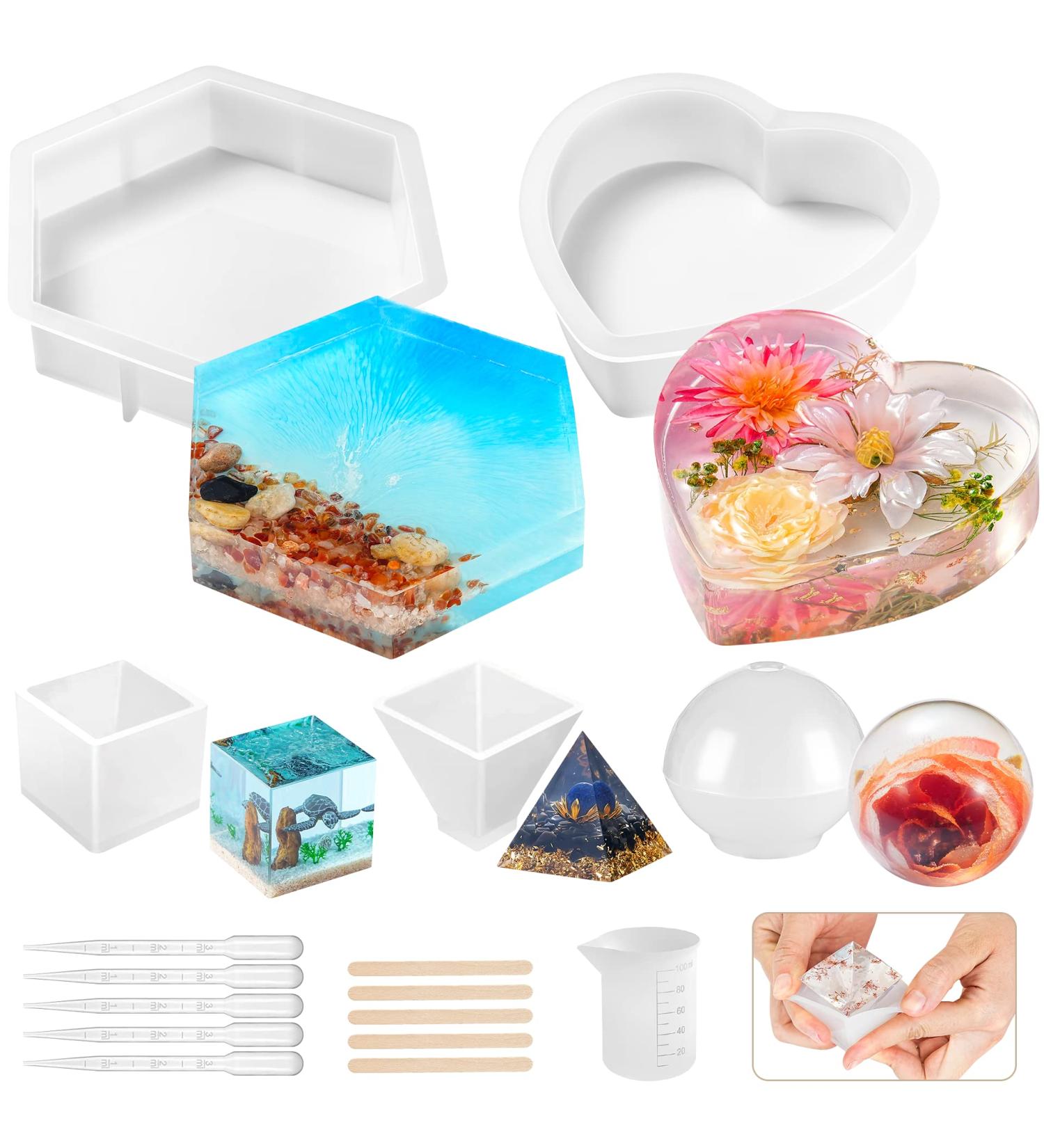 Resin Molds Silicone Kit - 8-in-1 Large Molds for Epoxy Resin - Ideal for Flowers Preservation - Includes Hexagon, Heart, Sphere, Pyramid, Cube, and Tools - Buy Online on GoSupps.com