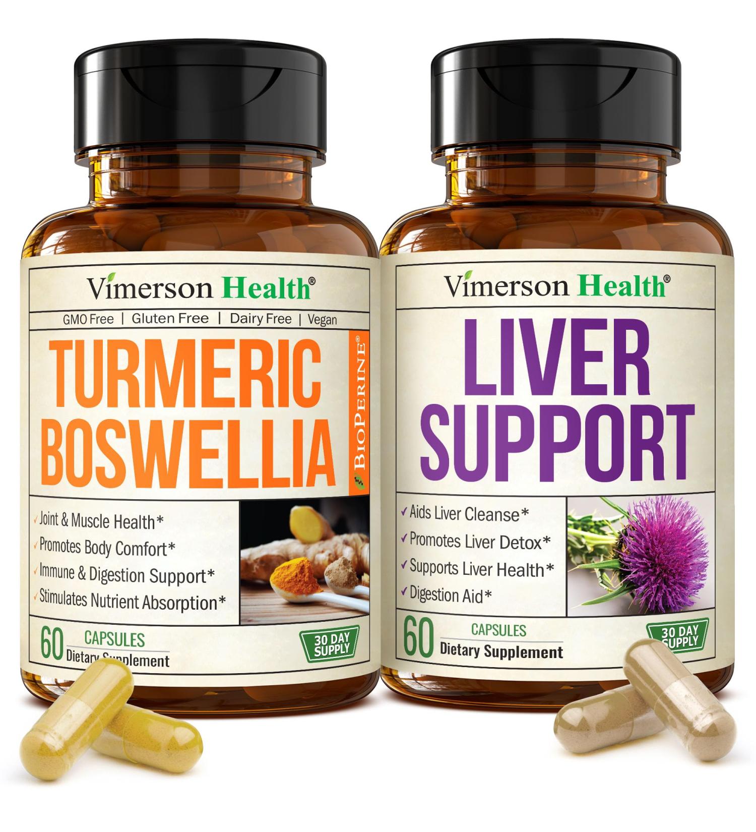 Boswellia Turmeric Curcumin Supplement + Liver Cleanse Detox & Repair Bundle Supports Joint Health Energy & Healthy Digestion with Ginger Turmeric Powder Milk Thistle Zinc & Artichoke Extract - Buy Online on GoSupps.com