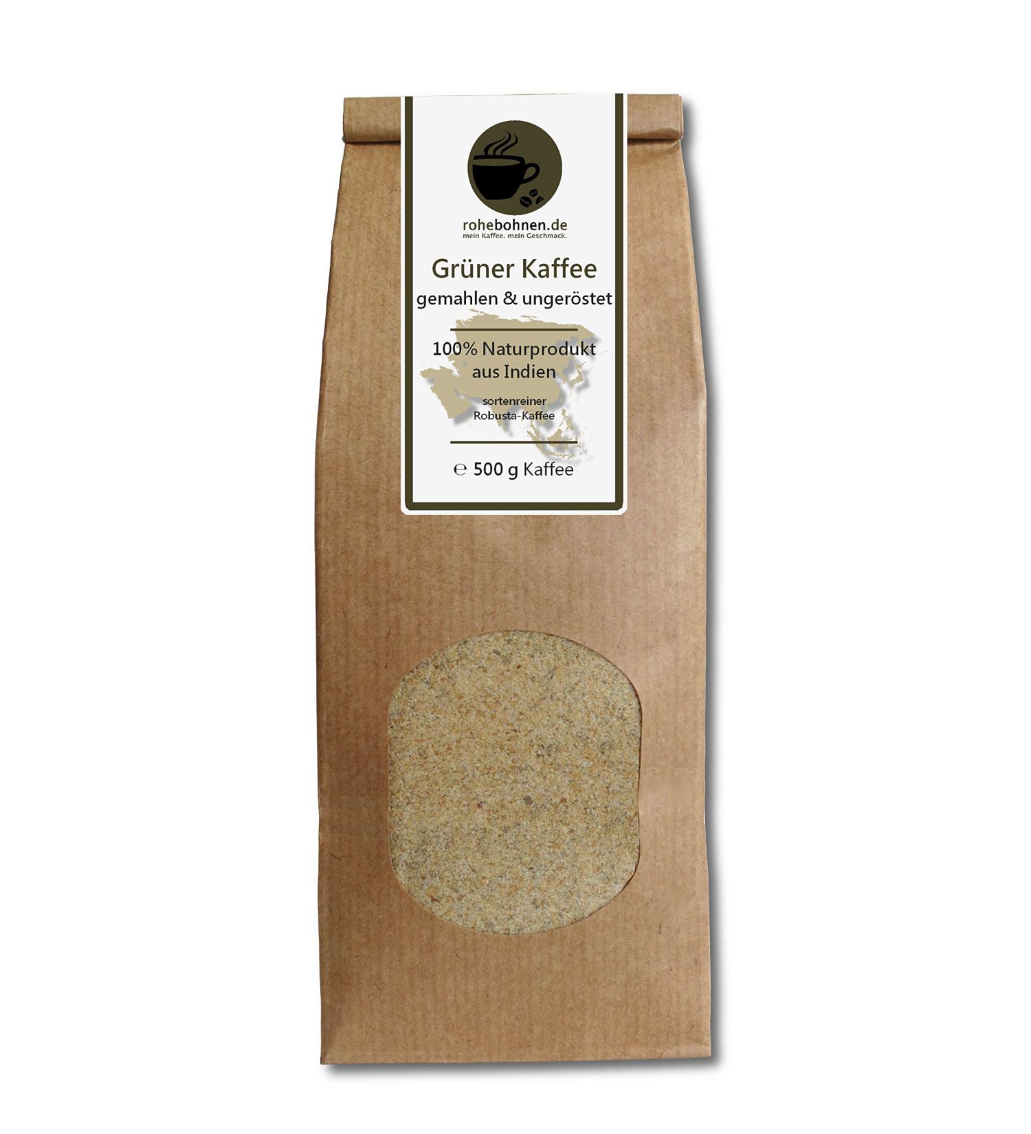 Ground Green Coffee for Weight Loss/Diet - 100% Natural Robusta India (Ground Green Coffee, Unroasted 500g) - GMP Certified