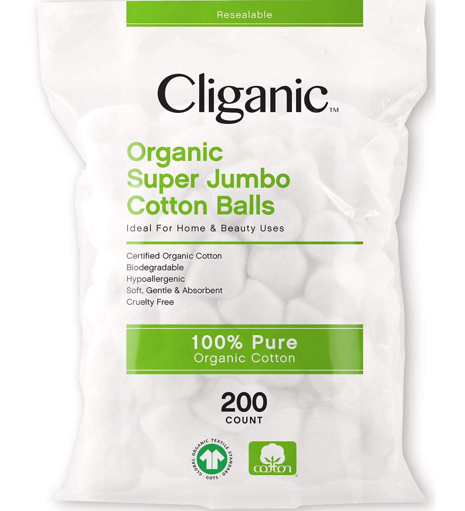 Cliganic Organic Super Jumbo Cotton Balls - 200 Count Pack, Biodegradable & Hypoallergenic - Large, Absorbent & Pure - Buy Online on GoSupps.com