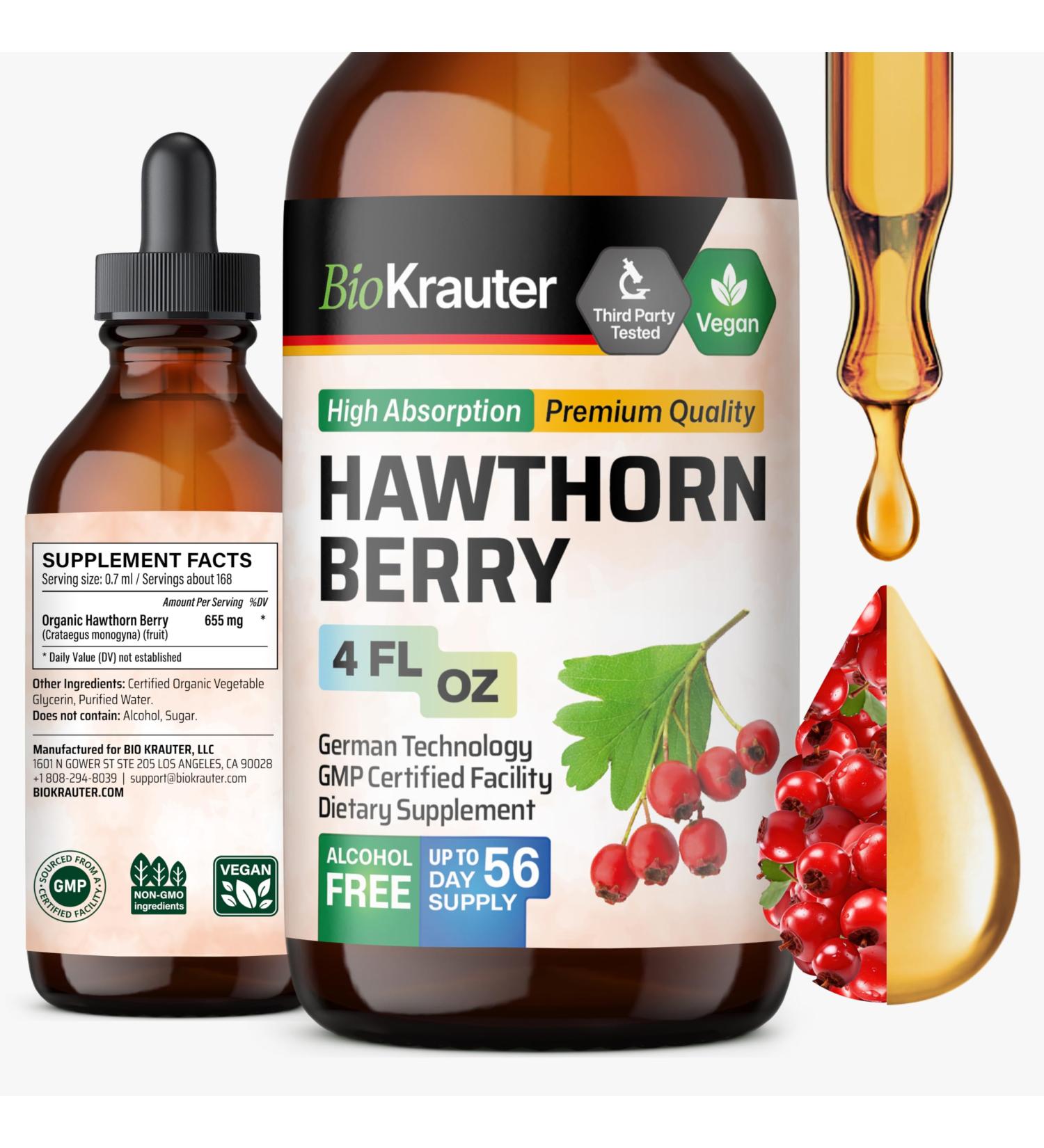 BIO KRAUTER Hawthorn Berry - Pure Vegan Hawthorne Berry Supplement - Used for Overall Support & Daily Wellness - Liquid Drops 655 mg per Serving - Alcohol & Sugar Free 4 Fl.Oz 56 Days of Supply 4 Fl Oz (Pack of 1) - Buy Online on GoSupps.com