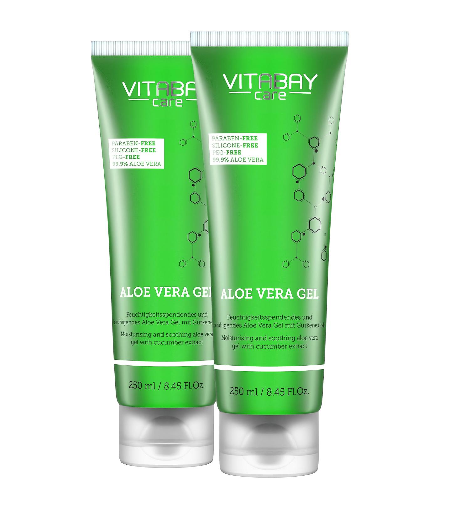 Vitabay Aloe Vera Gel 100% (99.9%) - 2x250ml After Sun Lotion & Sunburn Relief - Natural Moisturizer for Men - Aloe Vera Juice Ointment - Buy Online on GoSupps.com