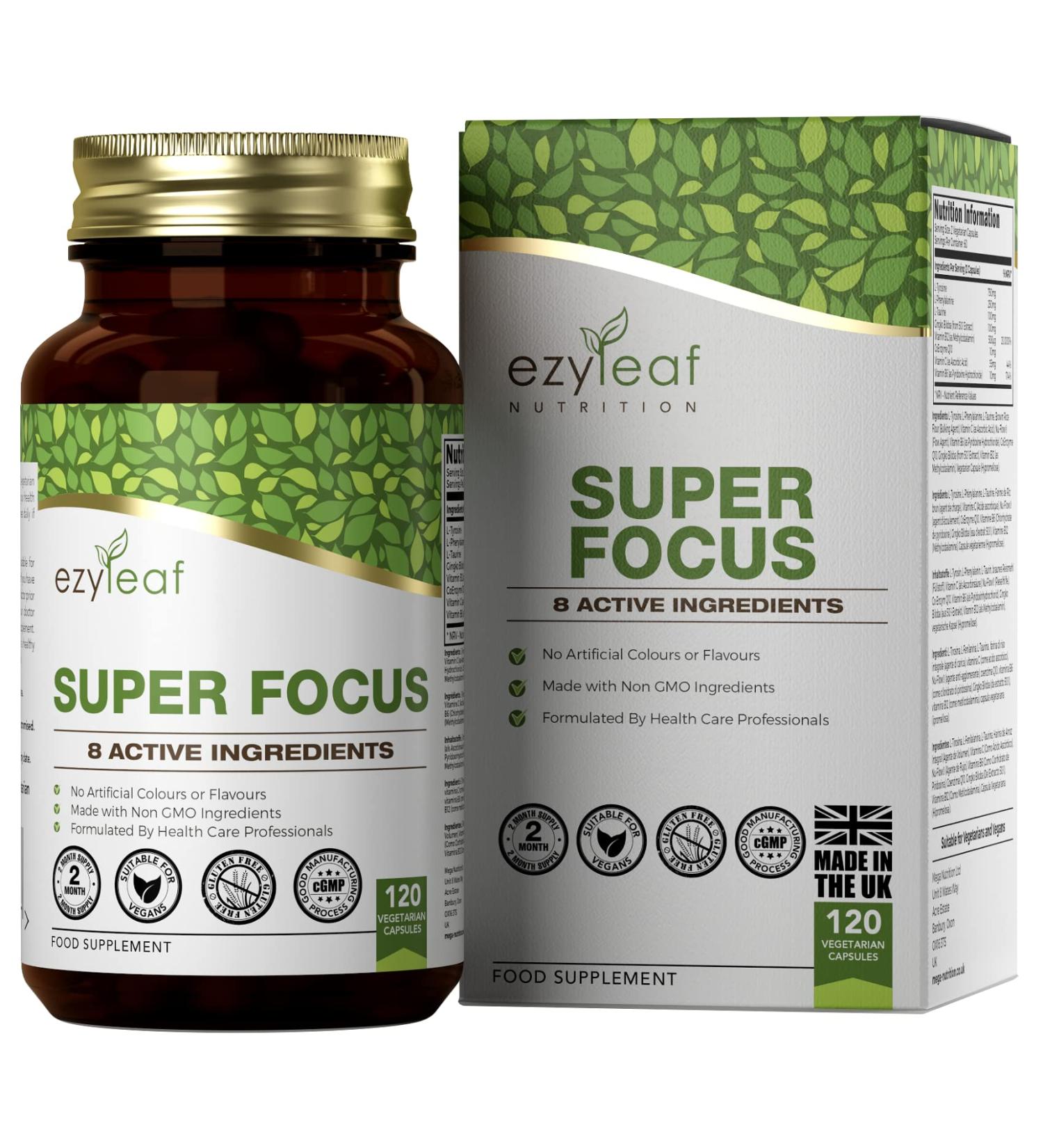 Buy Ezyleaf Super Focus - 750mg L-Tyrosine Ginkgo Biloba Taurine & B12 | Vegan High-Dose Capsules | 120 Allergen-Free Caffeine-Free Supplements for Enhanced Focus - Buy Online on GoSupps.com
