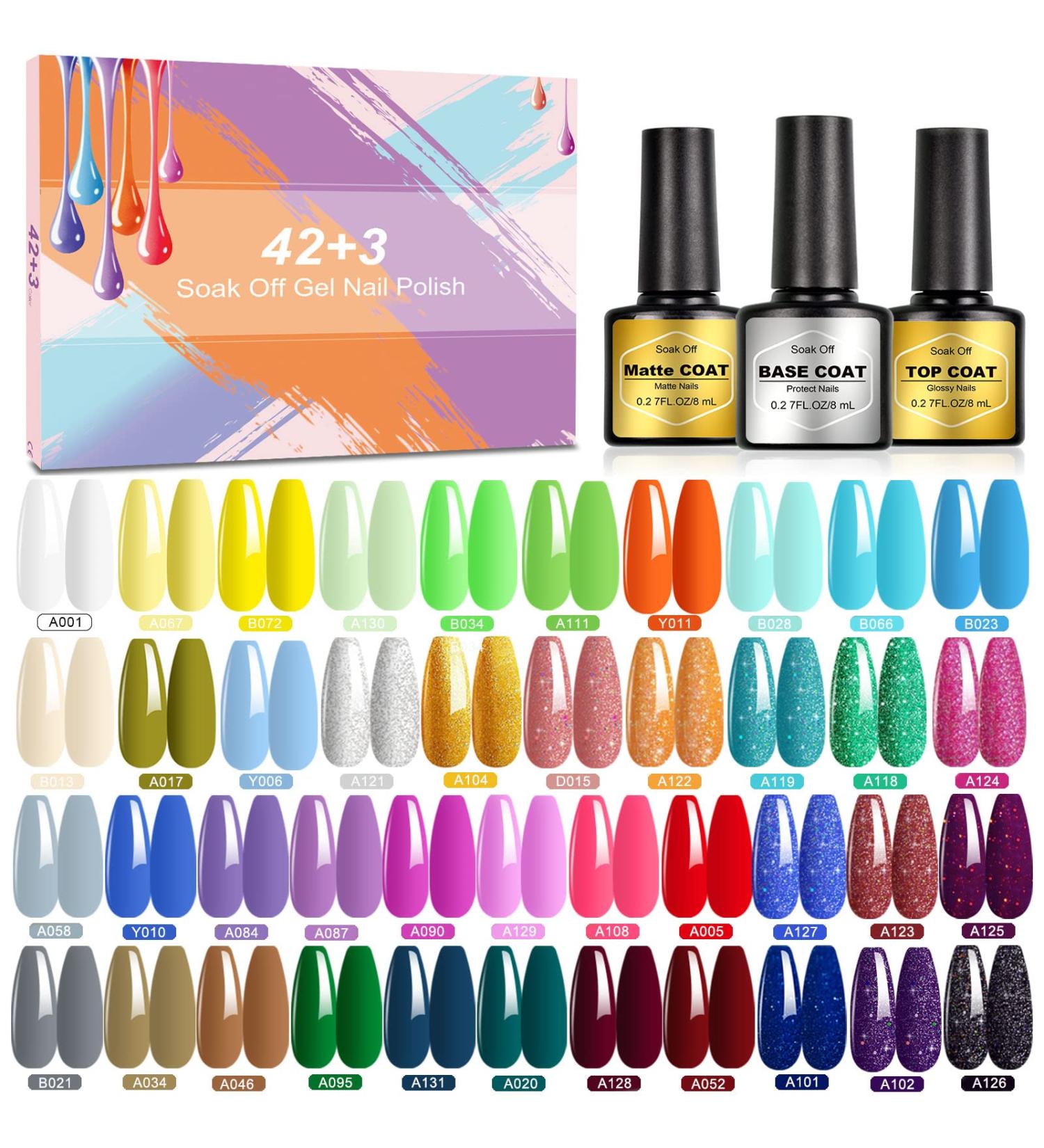 yocrovv Gel Nail Polish Set  45 Pcs Gel Polish Soak Off Gel Nail Kit with Glossy and Matte Gel Top Coat Base Coat  Popular Pastel White Glitter Green Neon Polish for Gel Nail Art Christmas Gift 45A - Buy Online on GoSupps.com