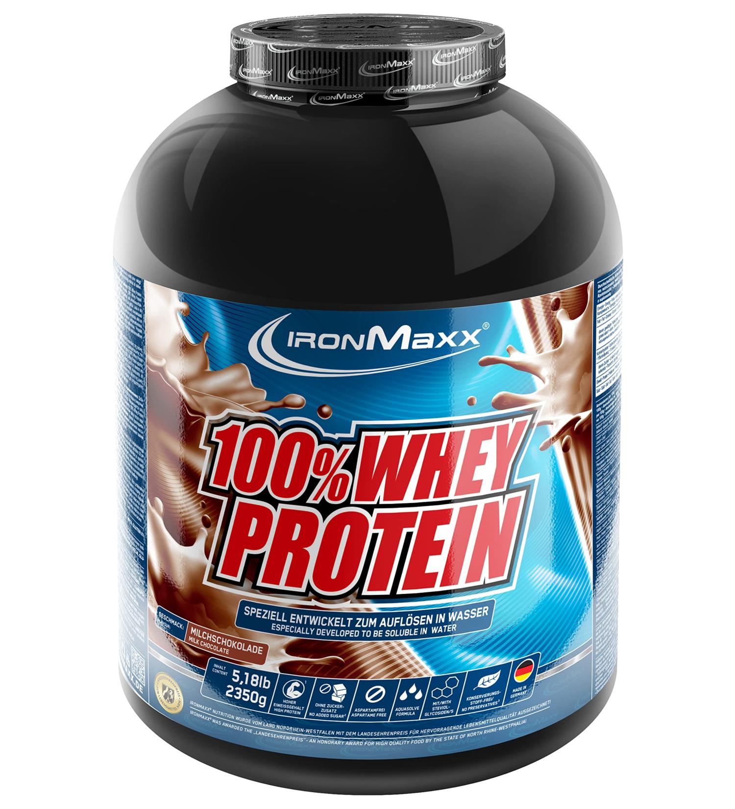 Ironmaxx 100% Whey Protein Powder - Milk Chocolate 2.35kg | Water-Soluble Low Sugar & Flavor Variety | International Shipping Available - Buy Online on GoSupps.com