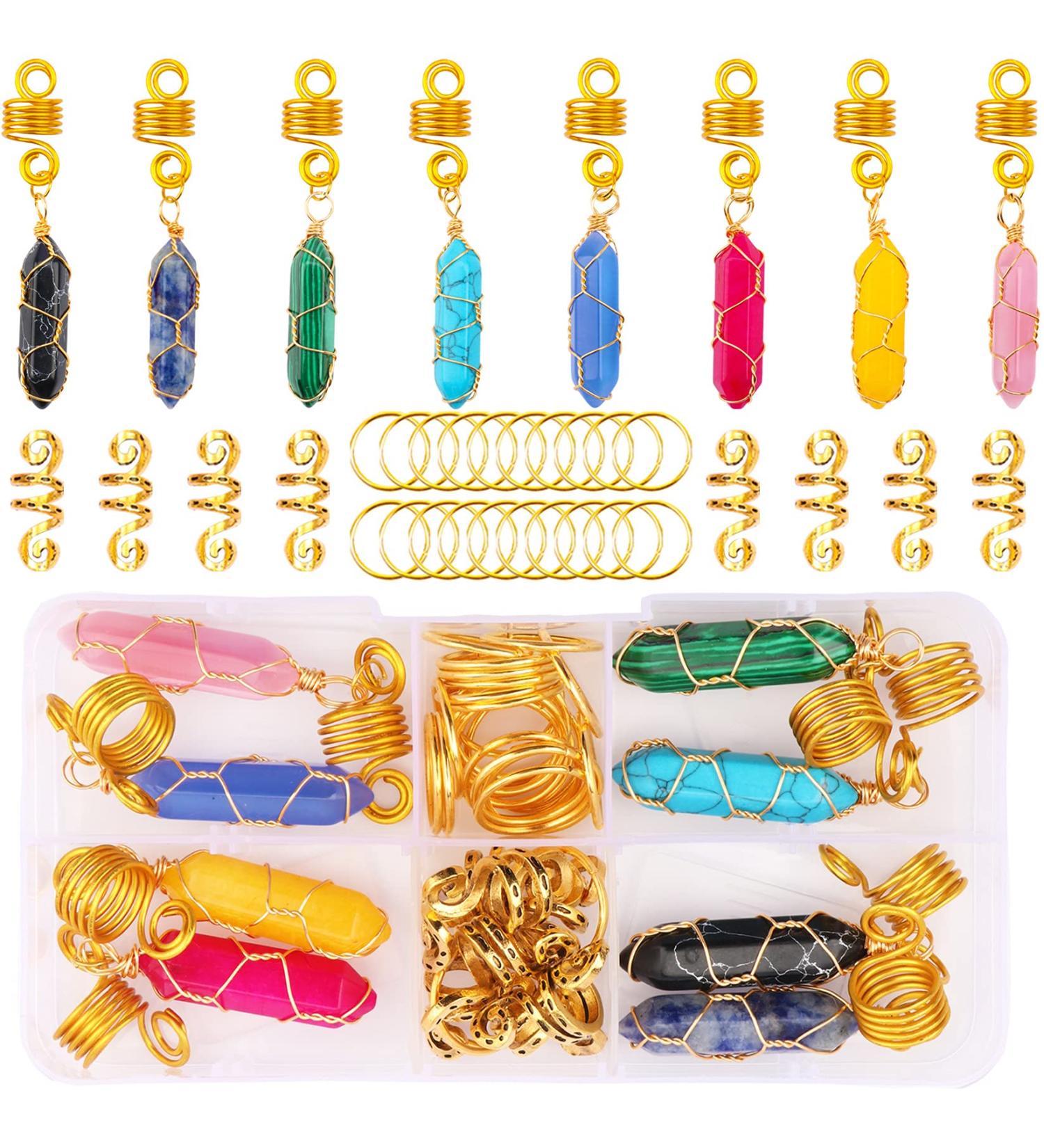 Kaiersi 41 Pcs Crystal Gemstone Hair Jewelry for Dreadlocks and Braids - Golden Loc Beads, Cuffs, Rings & Accessories - Buy Online on GoSupps.com